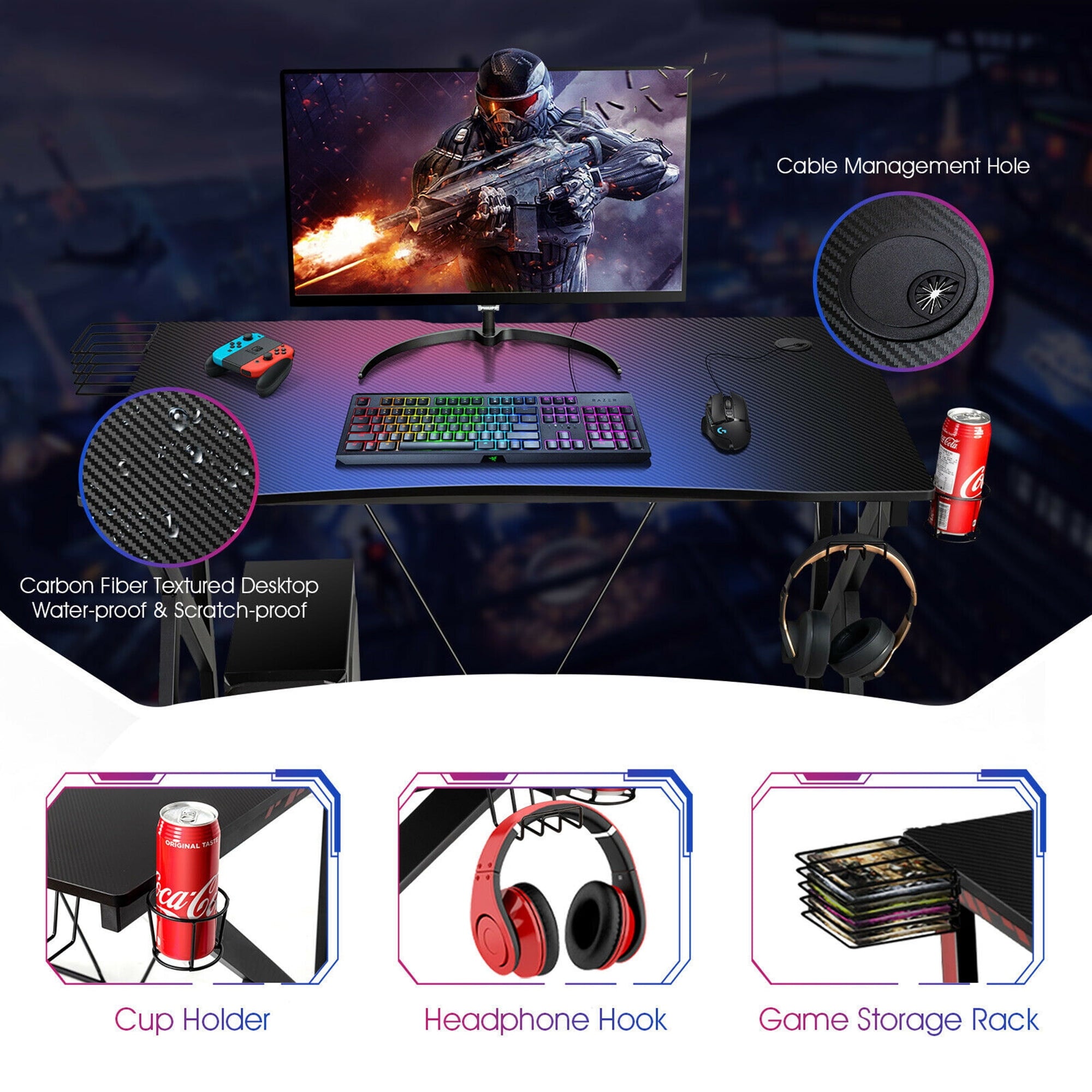 Gymax Gaming Desk&Massage Gaming Chair Set w/Headphone Hook & Game Storage Pink