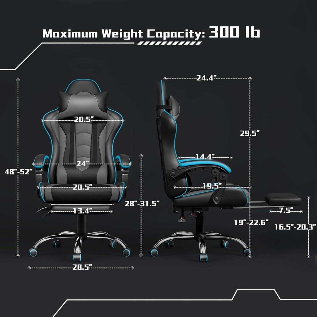 Gaming Chair, Video Game Chair with Massage Lumbar Support and Footrest Height Adjustable Ergonomic Computer Chair with Swivel Seat and Headrest, Black/Gray