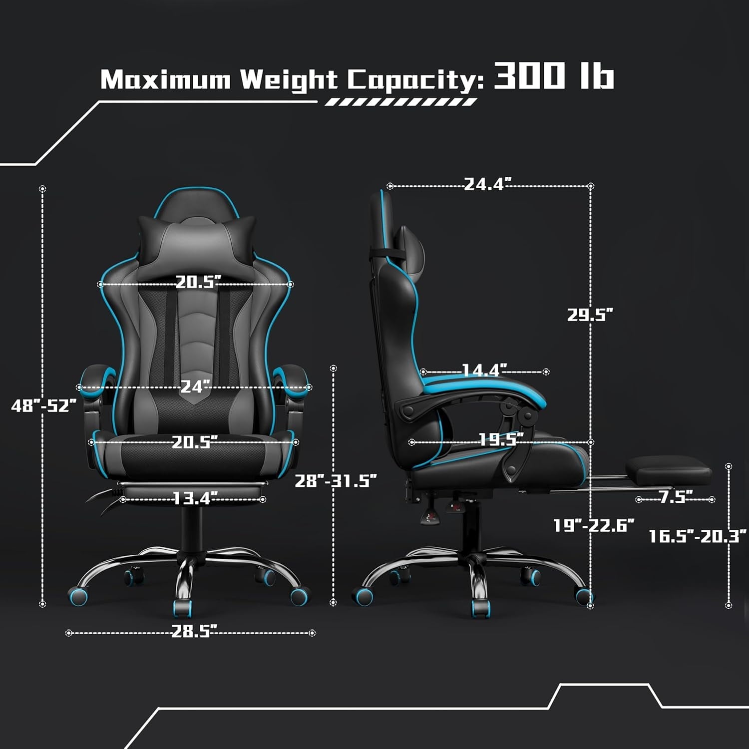 Gaming Chair, Video Game Chair with Massage Lumbar Support and Footrest Height Adjustable Ergonomic Computer Chair with Swivel Seat and Headrest, Black/Gray