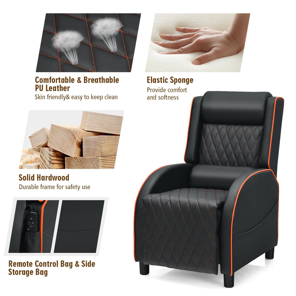 Giantex Massage Gaming Recliner Chair, PU Ergonomic Single Sofa w/Headrest, Lumbar Support, Racing Style, Reclining Home Theater Seating, Orange
