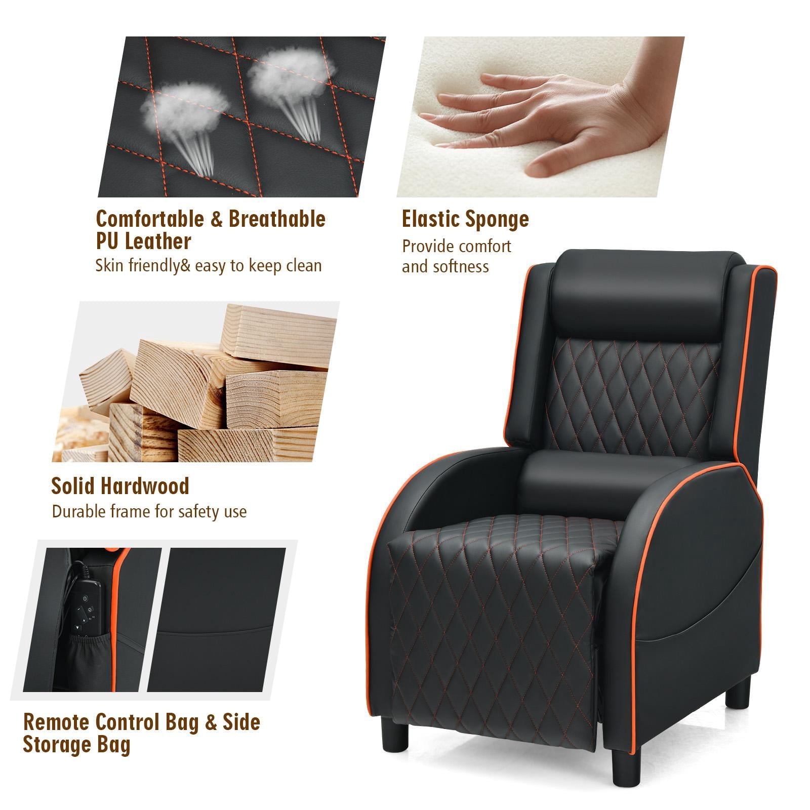 Giantex Massage Gaming Recliner Chair, PU Ergonomic Single Sofa w/Headrest, Lumbar Support, Racing Style, Reclining Home Theater Seating, Orange