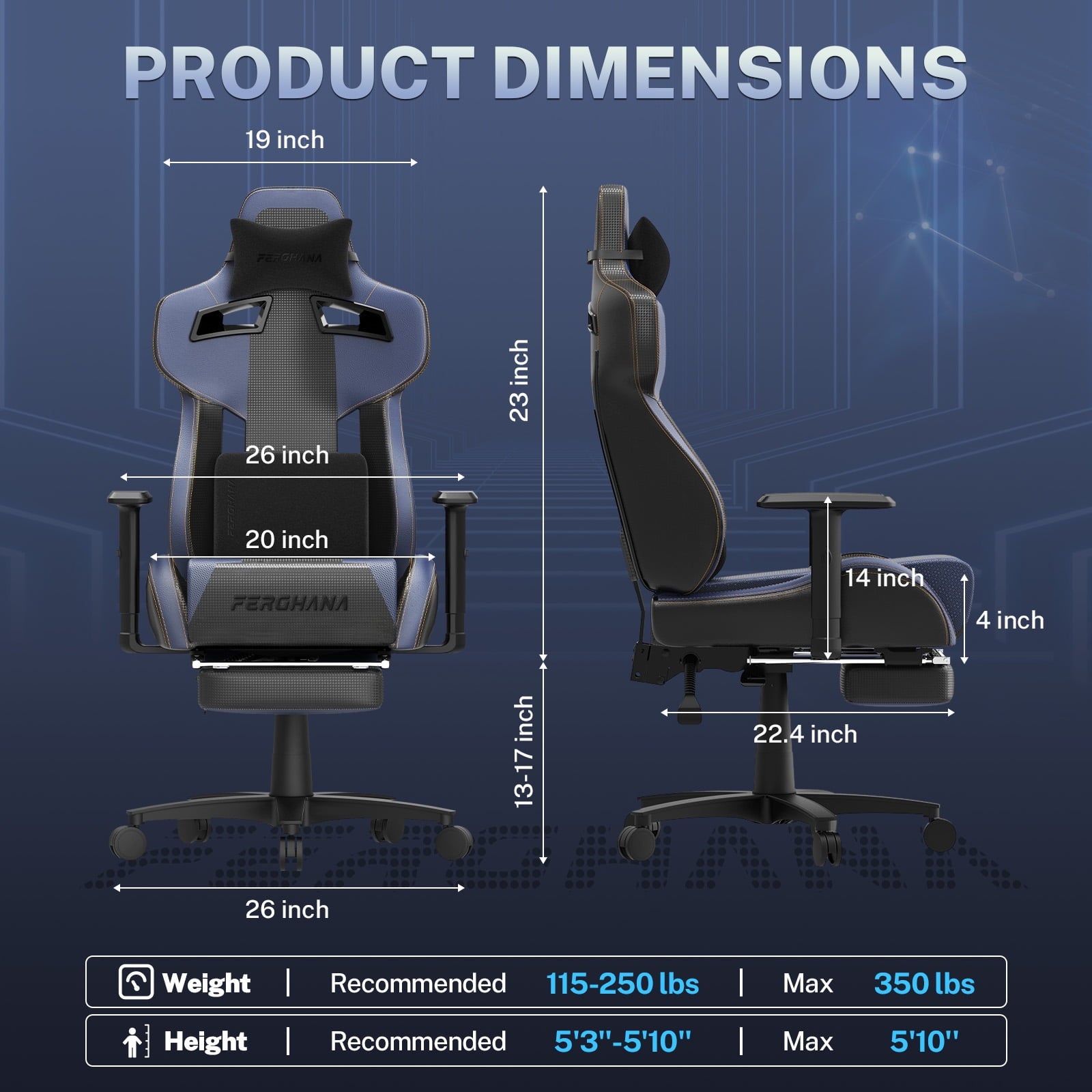 Luxvie Gaming Chair with Footrest Ergonomic Office Chair with Massage Lumbar Support & Headrest High Back Computer Game Chair for Adults and Kids, Blue