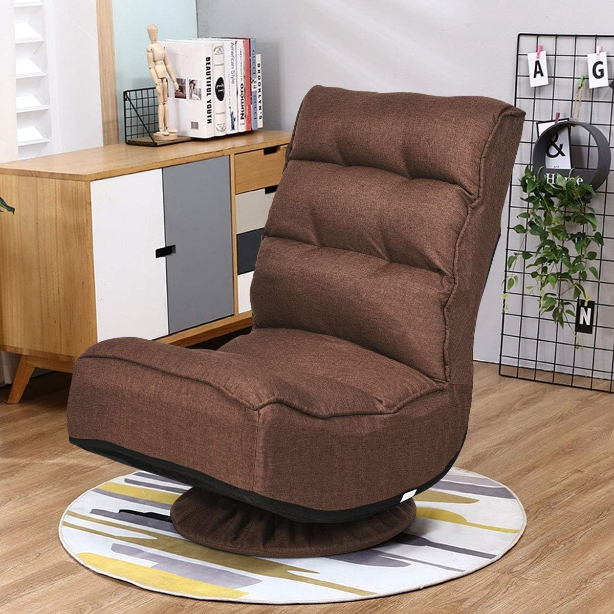 Killeryuki 360 Degree Swivel Gaming Chair, 6 Position Adjustable Folding Floor Chair, 300lb Spring Support, Comfortable Padded Backrest, Lazy Sofa Chair Game Rocker for Teens Adults (Coffee)