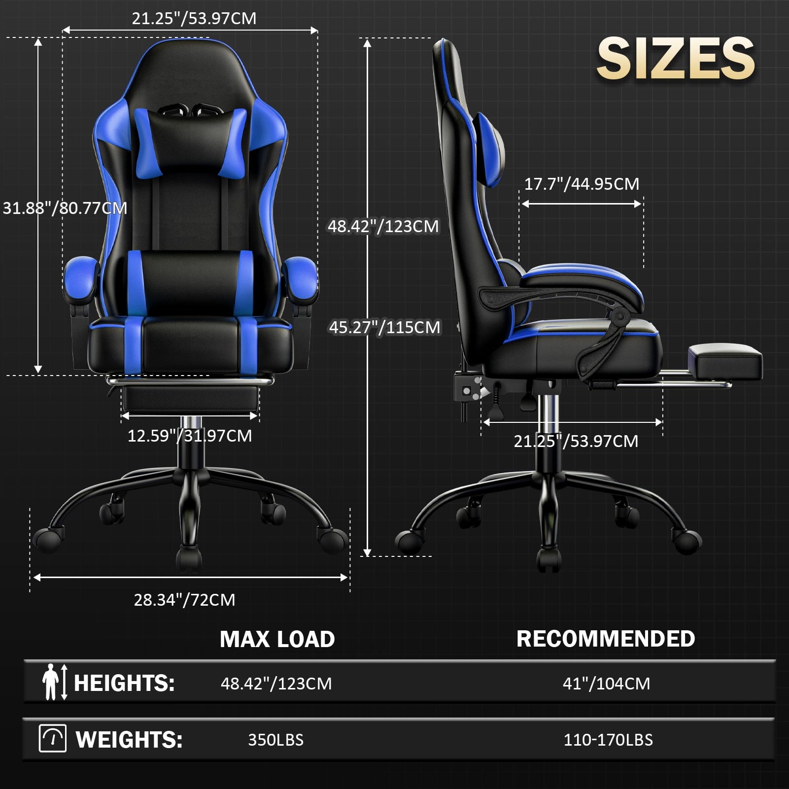 Reclining Gaming Chair with Lumbar Support and Footrest, Blue