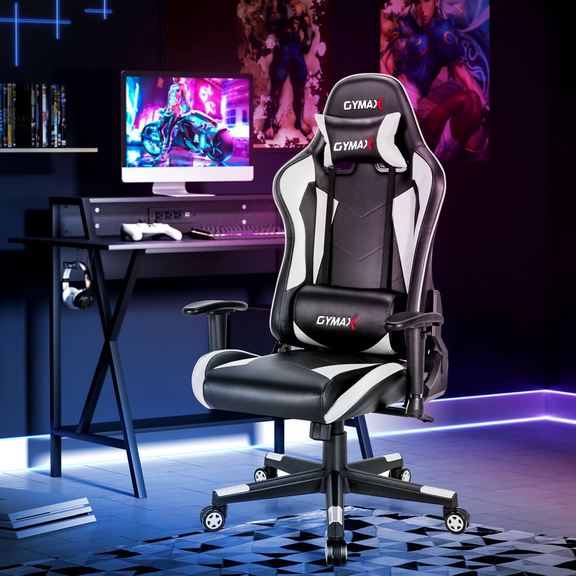 Gymax Gaming Chair Adjustable Swivel Racing Style Computer Office Chair White