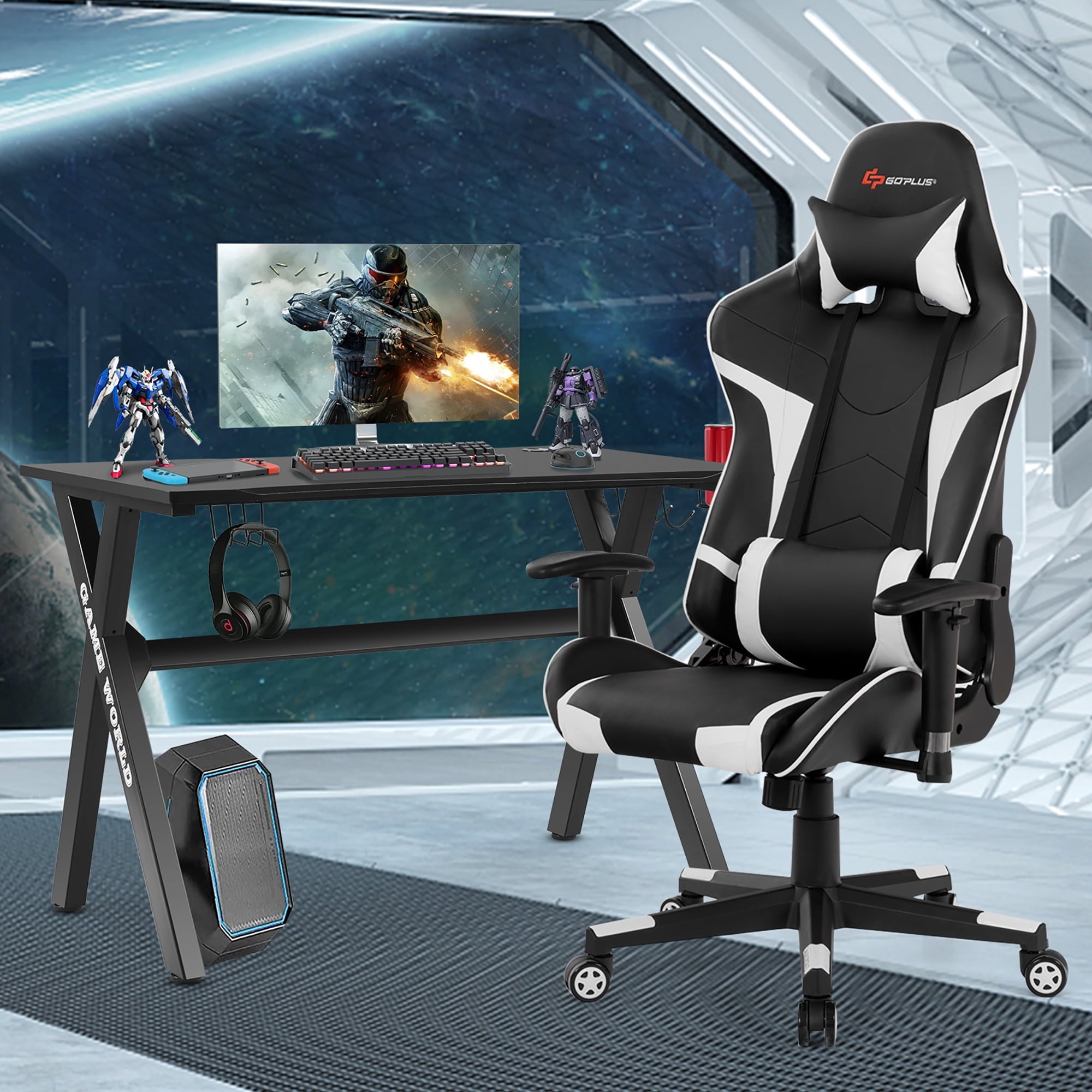 Goplus X-Shaped Gaming Desk & Racing Style Massage Chair Set Home Office Black+White