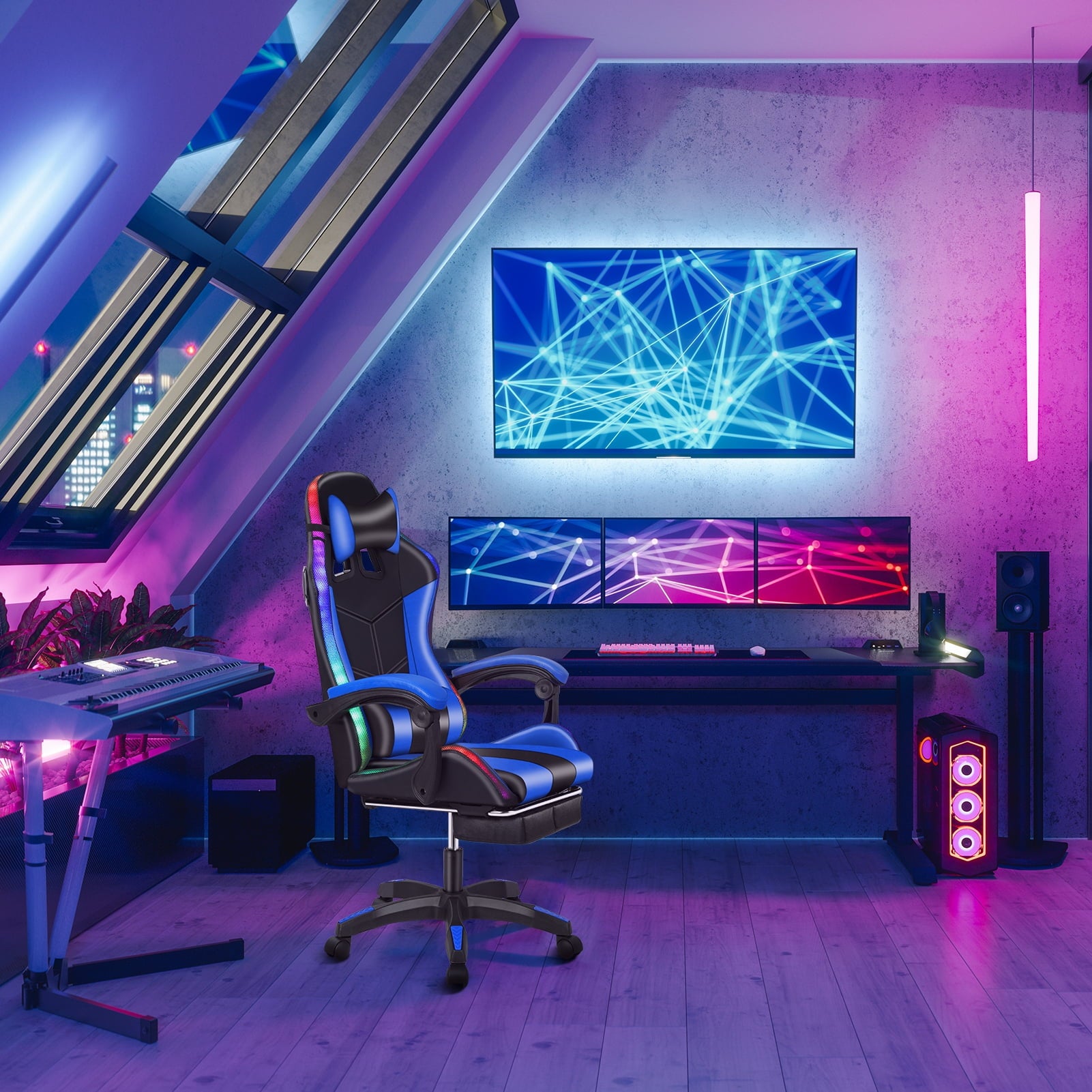 bestolf Gaming Chair with Footrest and RGB LED Lights,3 in 1, Massage Leather Game Chair for Adults, Big and Tall Video Game Chair with Headrest and Lumbar Support