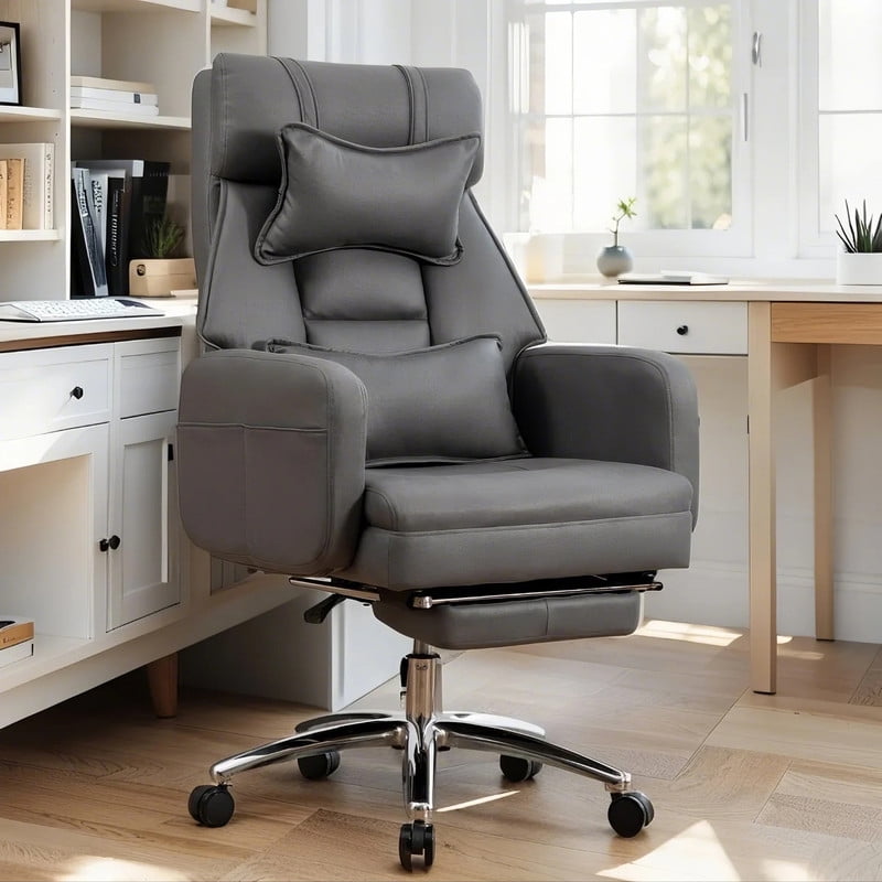 EBQOSK Swivel Ergonomic Office Chair, Technology Leather High Back Office Chair with Lumbar Support Headrest, Sedentary Comfortable Boss Chair, 155° Reclining Computer Chair Dark Gray