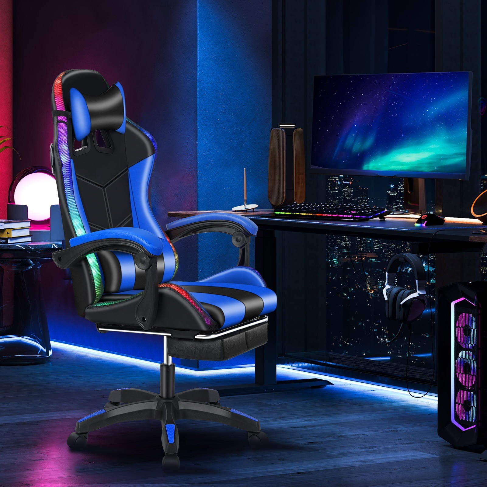 bestolf Gaming Chair with Footrest and RGB LED Lights,3 in 1, Massage Leather Game Chair for Adults, Big and Tall Video Game Chair with Headrest and Lumbar Support