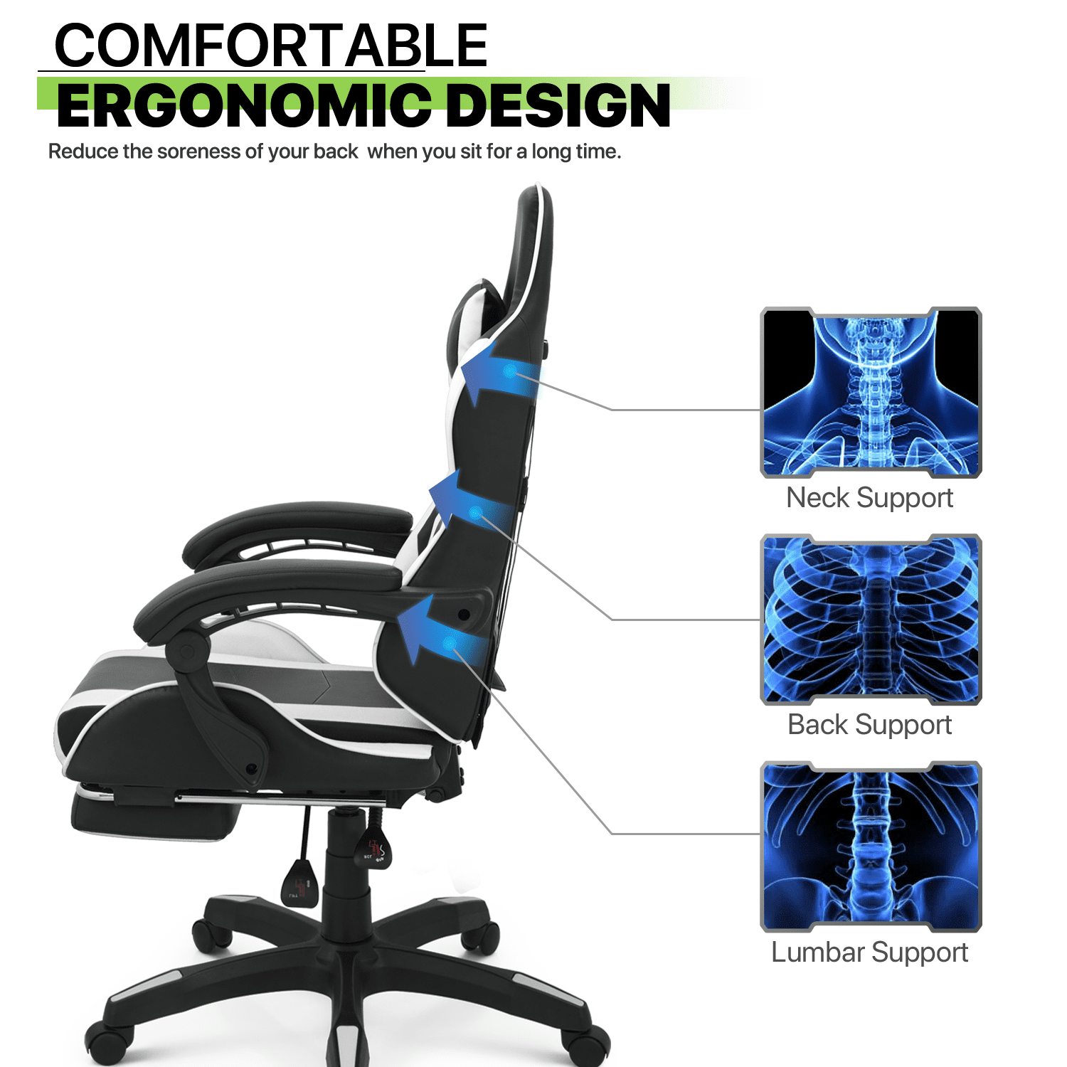 Magshion Rolling Gaming Chair, Adjustable Faux Leather Computer Seat with Lumbar Support for Adults Teens Desk Chair, White