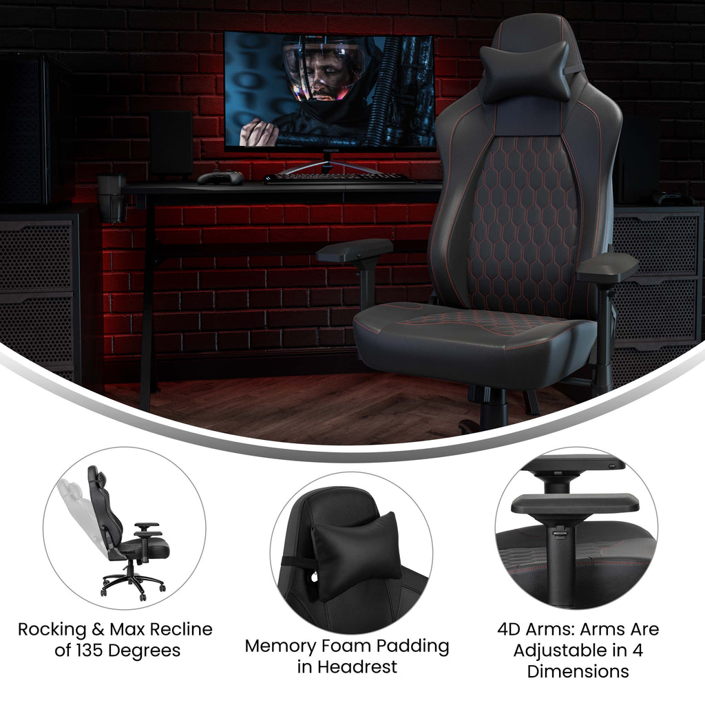 EMMA + OLIVER Gaming Chair with Adjustable Lumbar Support and Head Pillow, Black/Red