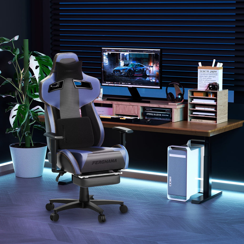 Luxvie Gaming Chair with Footrest Ergonomic Office Chair with Massage Lumbar Support & Headrest High Back Computer Game Chair for Adults and Kids, Blue