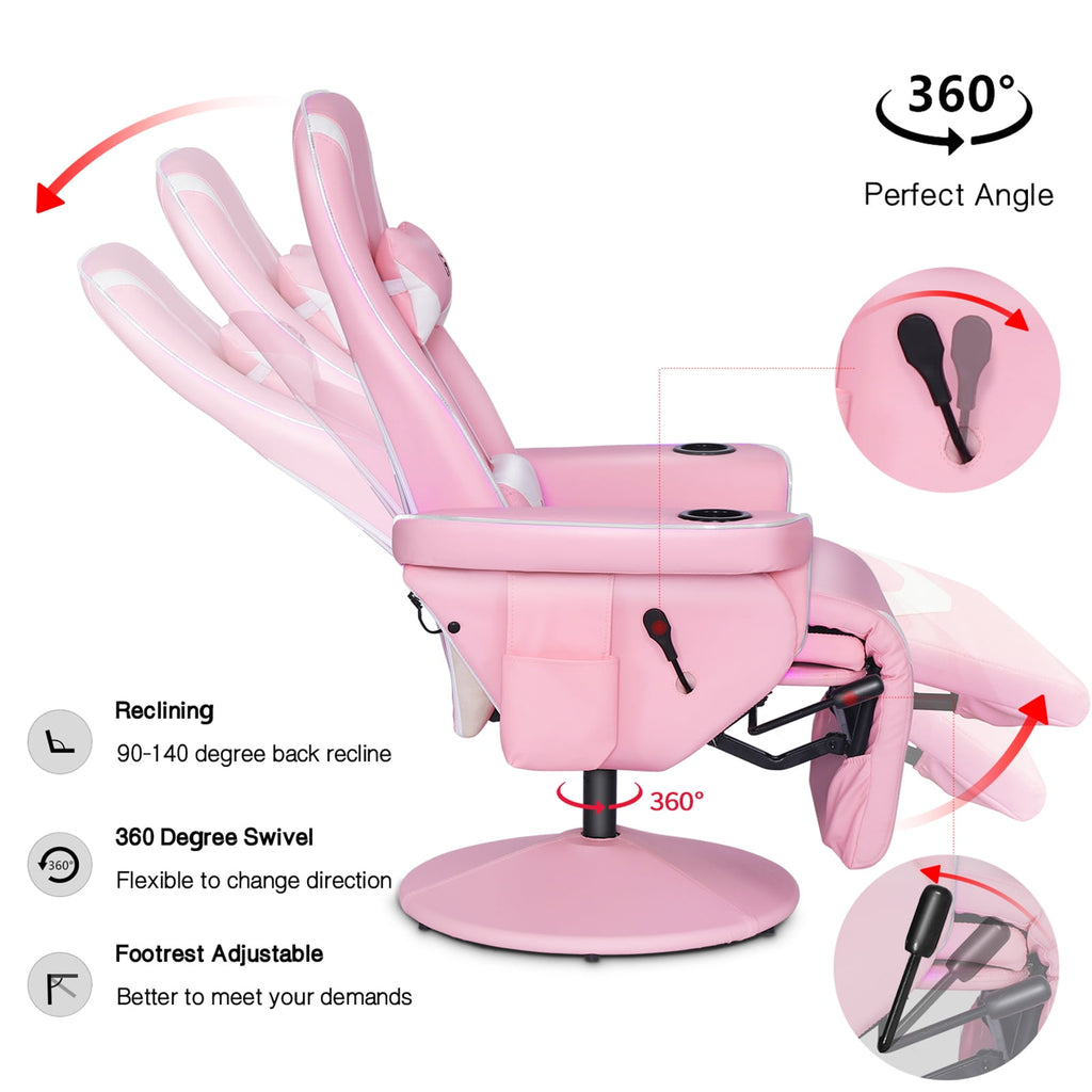 Queen Throne Racing Gaming Chair with Footrest and Adjustable Backrest Ergonomic Recliner High Back Swivel Chair with RGB LED Lights, Massage Lumbar Support, Headrest and Cupholders, Pink White