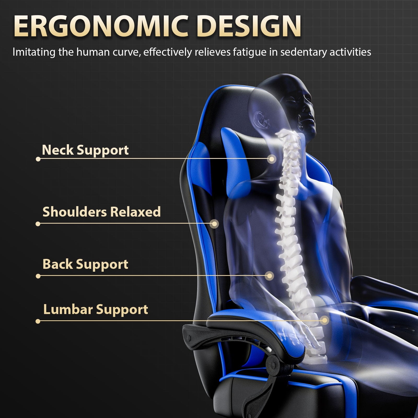 Reclining Gaming Chair with Lumbar Support and Footrest, Blue