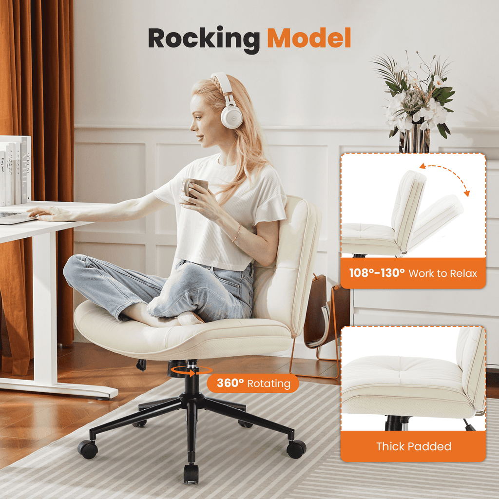 MAYEERTY Criss Cross Legged Office Chair, Armless Wide Seat with Wheels, Swivel Height-Adjustable Comfy Computer Task Seating