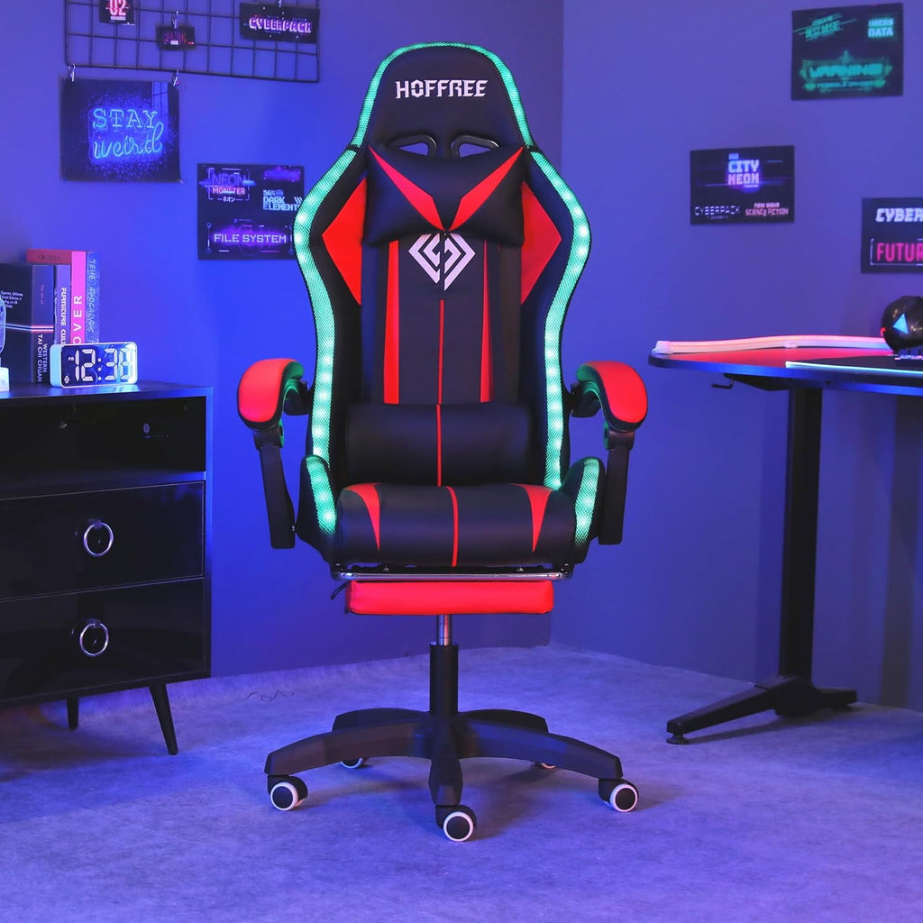 HOFFREE RGB Gaming Chair with Speakers Massage Computer Gaming Chair with LED Lights and Footrest High Back Video Game Chair for Adults Red and Black