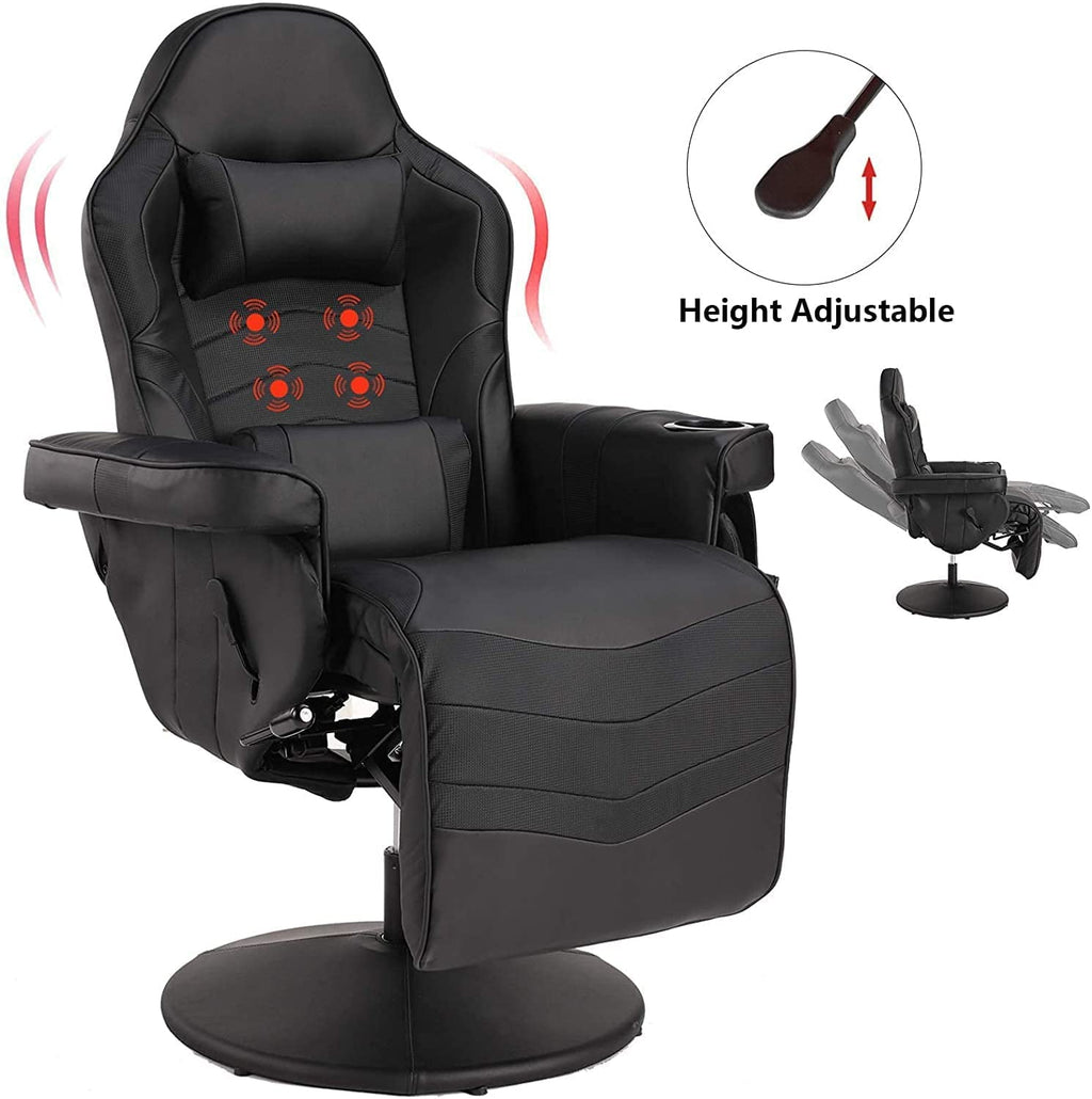 LVUYOYO Massage Video Gaming Recliner Chair Ergonomic Backrest & Seat Height Adjustment Swivel Recliner PU Leather High Back Computer Office Chair with Cupholder, Headrest, Lumbar Support, Footrest