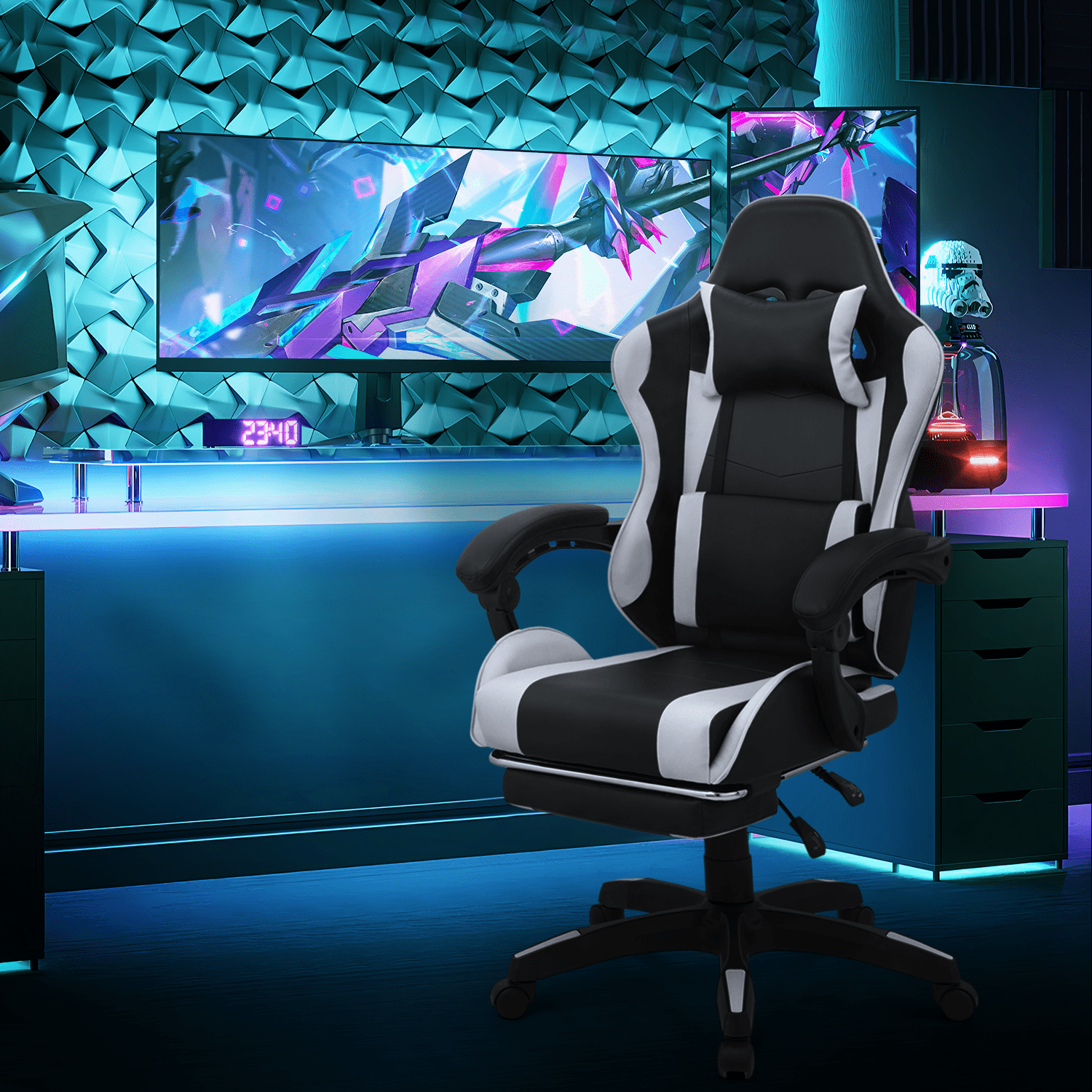 Magshion Rolling Gaming Chair, Adjustable Faux Leather Computer Seat with Lumbar Support for Adults Teens Desk Chair, White