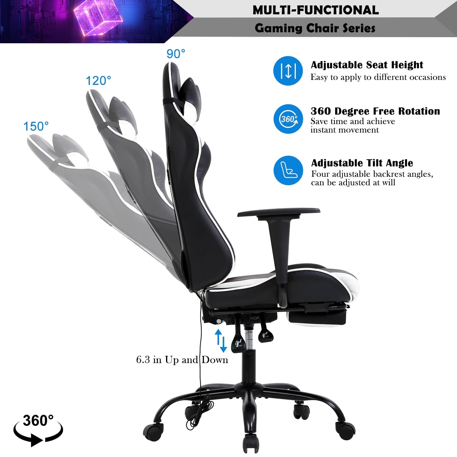 Gaming Chair Computer Massage Chair Reclining Office Chair with Footrest Lumbar Massage Support Adjustable High Back PU Leather Ergonomic Game Chair for Adults(White)