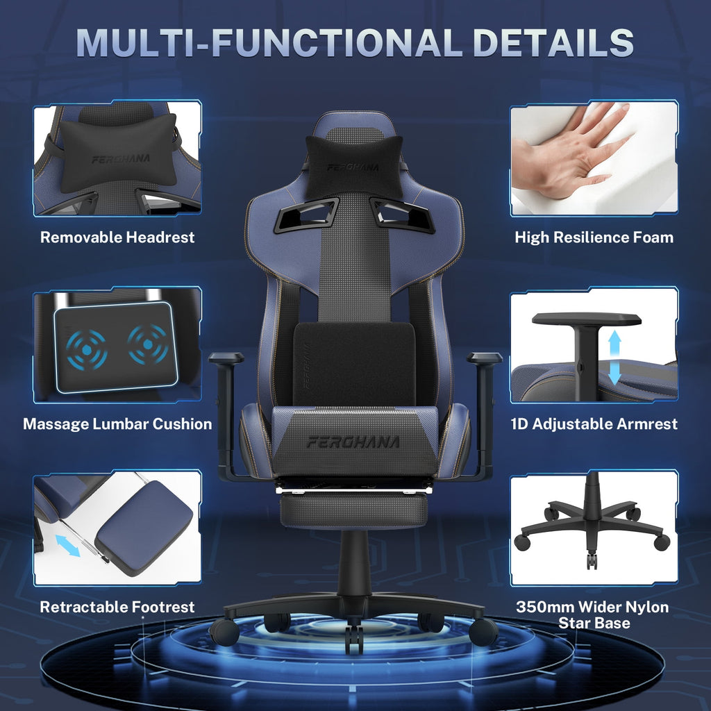 Luxvie Gaming Chair with Footrest Ergonomic Office Chair with Massage Lumbar Support & Headrest High Back Computer Game Chair for Adults and Kids, Blue