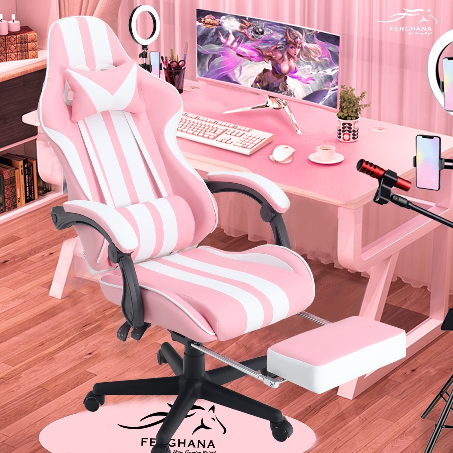 SOONTRANS Gaming Chair Office Chair with Footrest, Ergonomic Massage Chair with Lumbar Pillow, Headrest for Adults Teens, Pink
