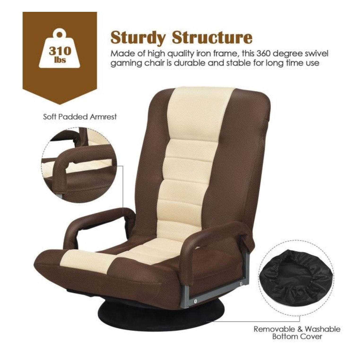 Gaming Floor Chair, 360° Swivel Foldable Chair with Adjustable Backrest - Green/Red/Blue/Brown - Iron Frame, Mesh Fabric, 310lbs Capacity - for Gaming, Reading, Relaxing
