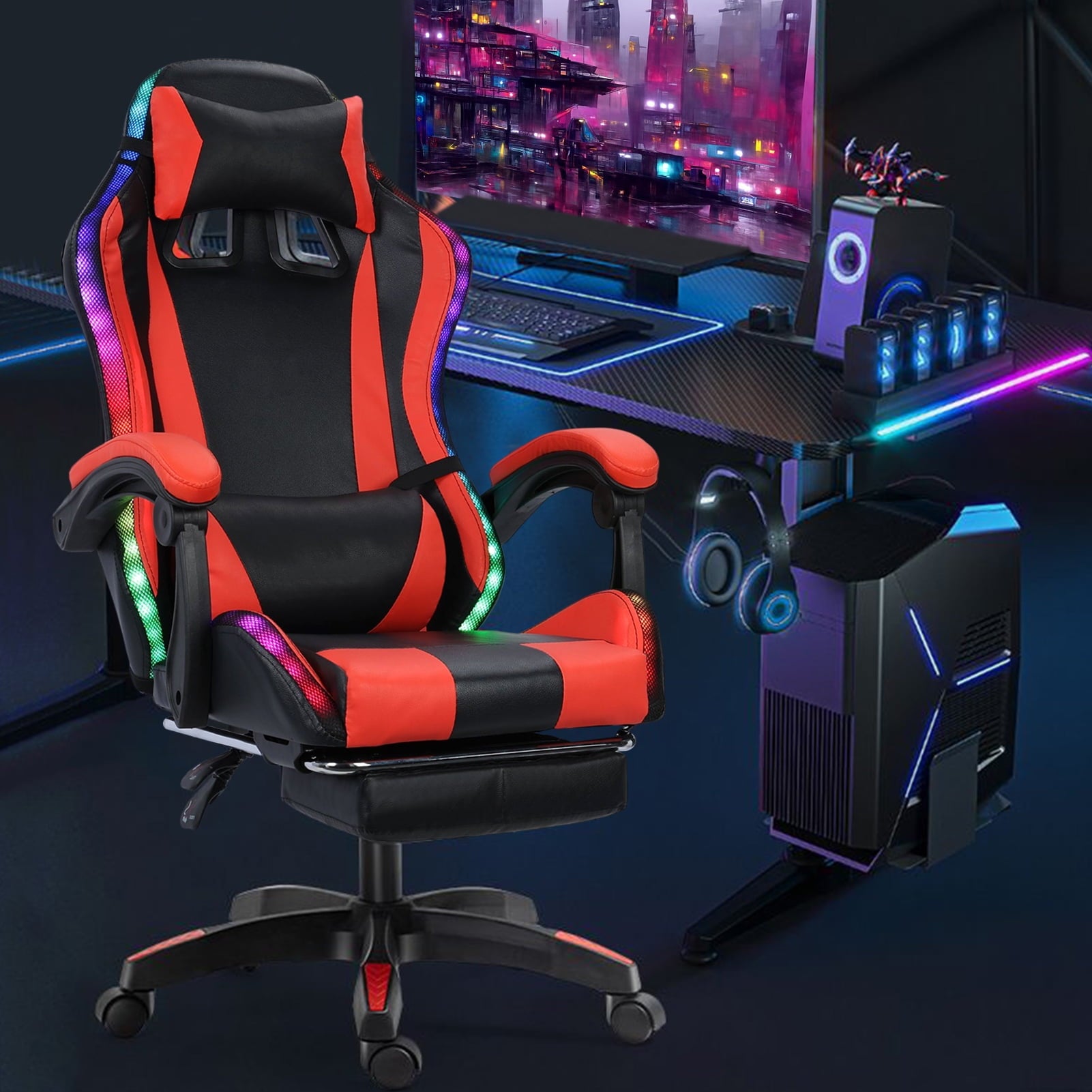 HomeLife Gaming Chair with Bluetooth-compatible Speakers and RGB LED Lights, Ergonomic Massage Computer Gaming Chair with Height Adjustable, Video Game Chair High Back with Lumbar Support