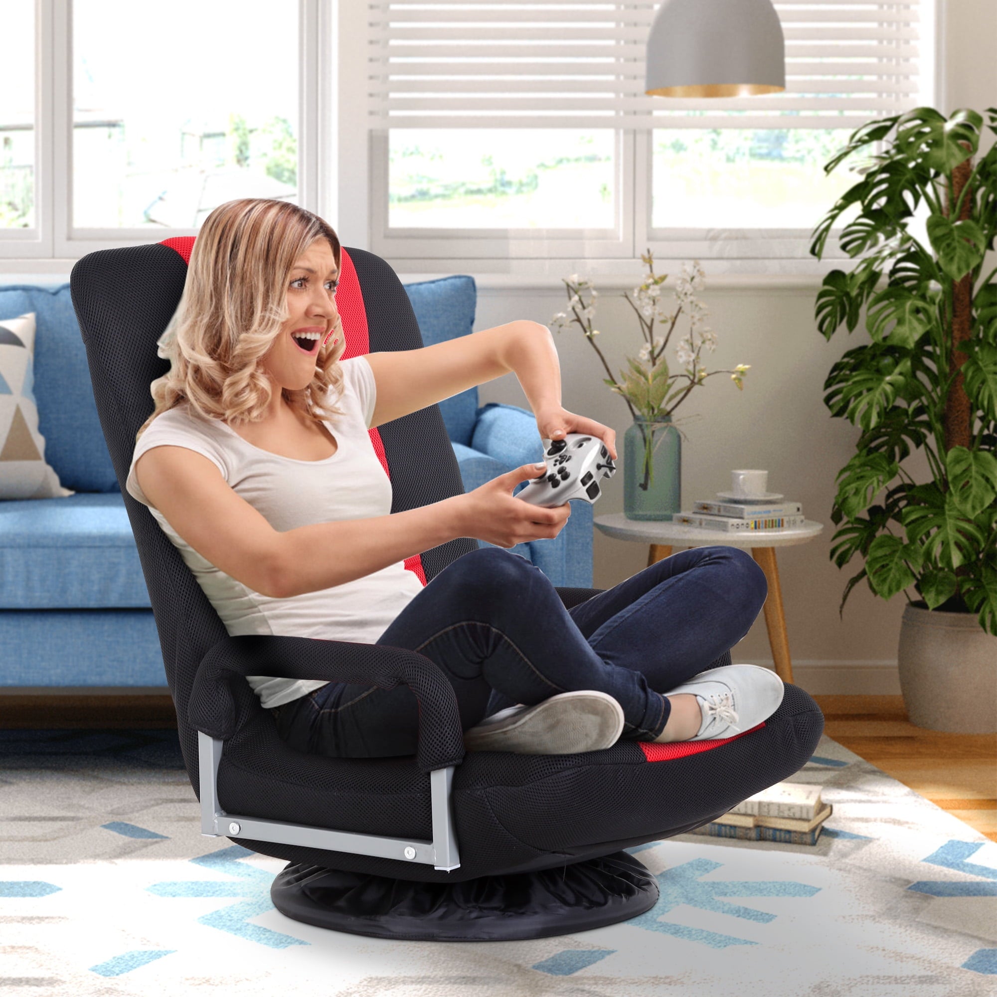 YRLLENSDAN 310 lbs Folding Swivel Gaming Floor Chair Video Game, 5 Positions Gaming Chairs for Adults Recliner Without Wheels Adjustable Backrest Rocker Floor Gamer Chair with Armrest Handles