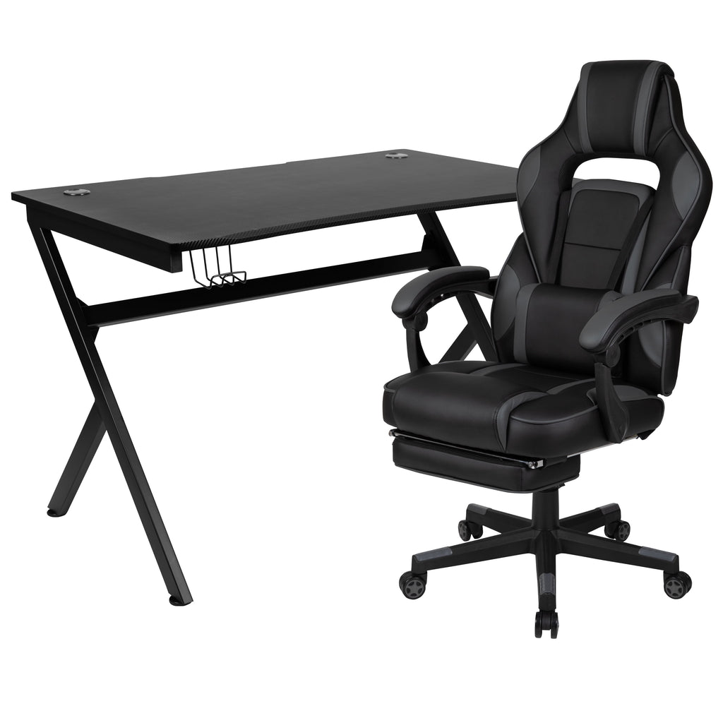 Emma + Oliver Black/Black Gaming Desk Set - Cup/Headset Holder/Reclining & Footrest