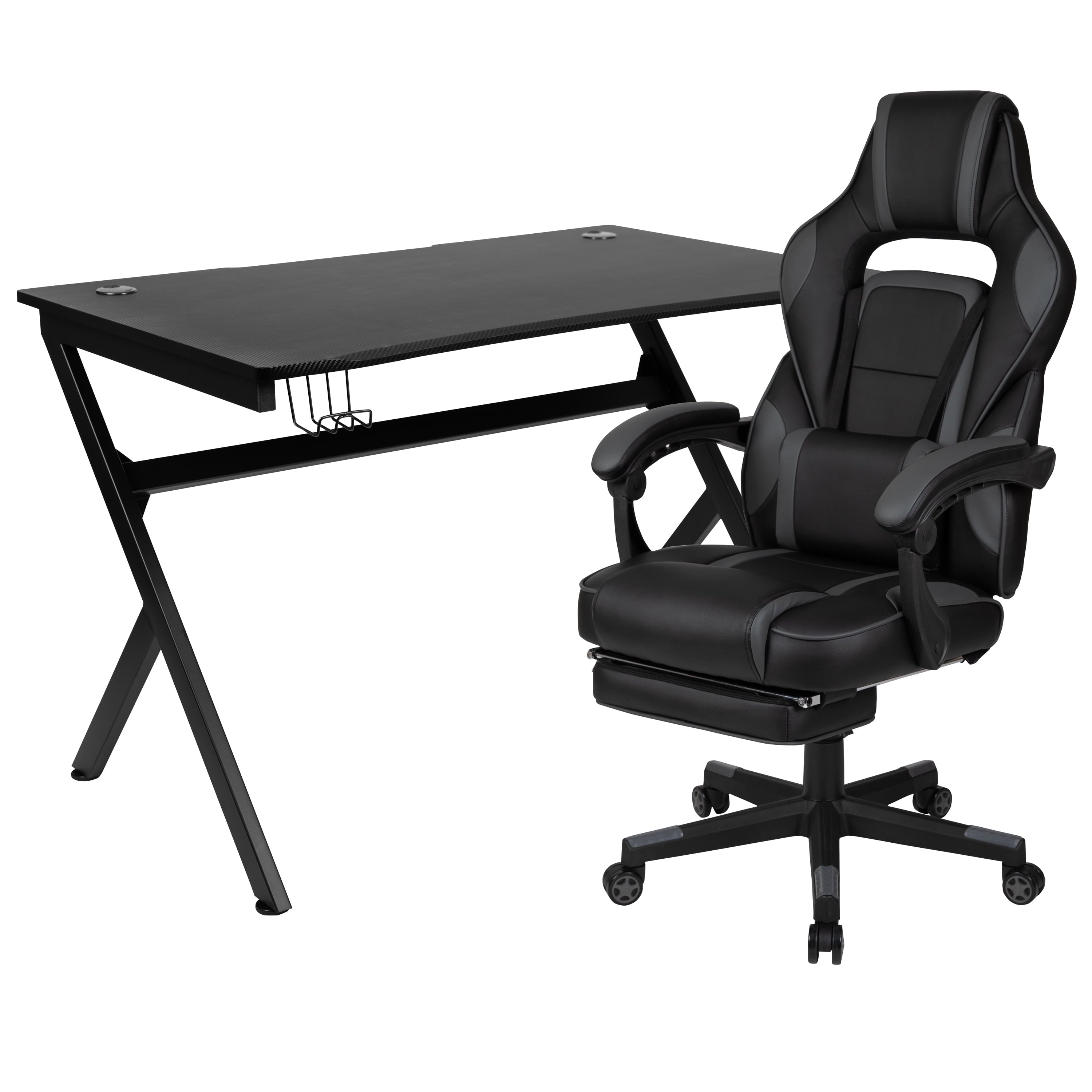 Emma + Oliver Black/Black Gaming Desk Set - Cup/Headset Holder/Reclining & Footrest