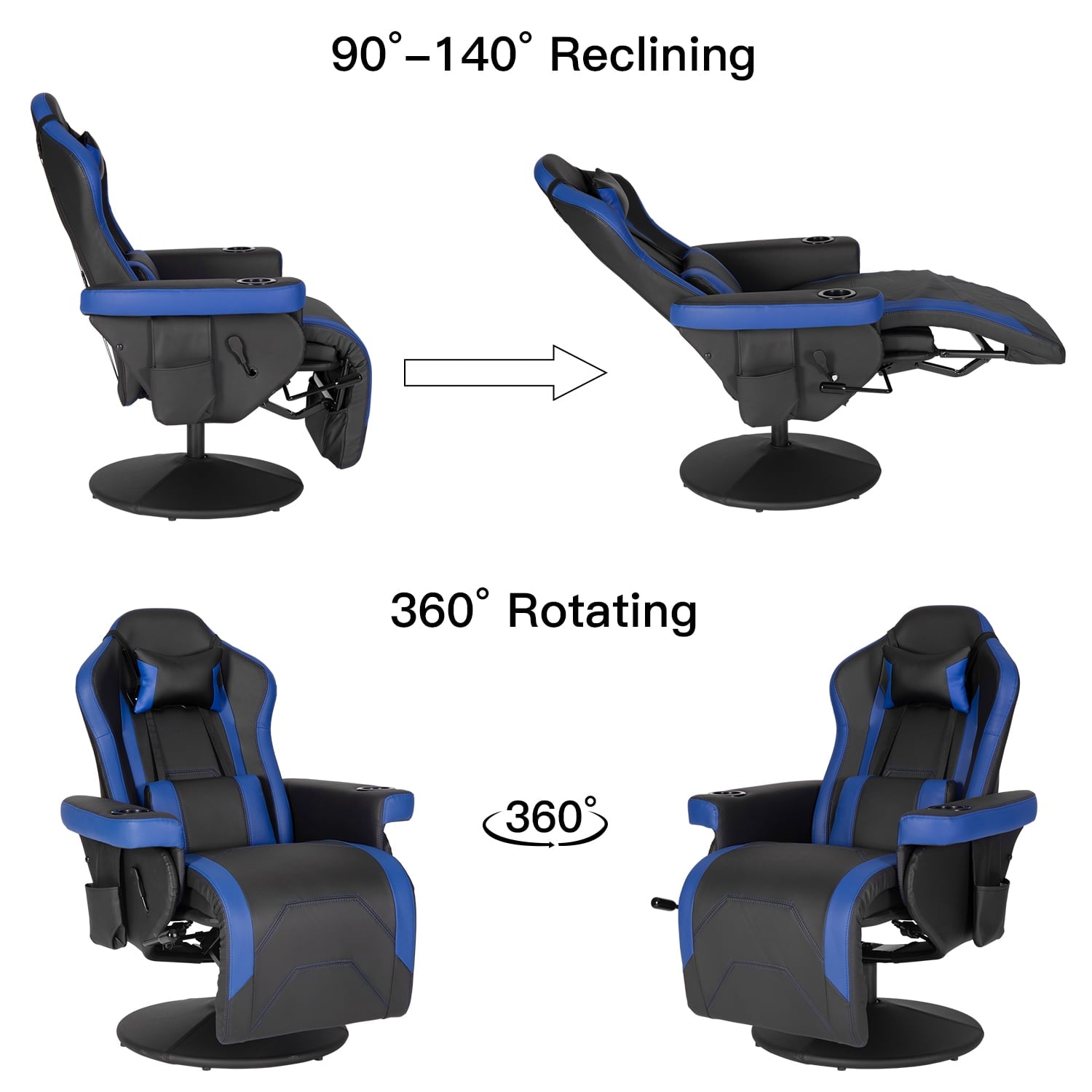 Video Gaming Chair Recliner Ergonomic High Back Swivel Reclining Chair with Cupholder, Headrest, Lumbar Support, Adjustable Backrest and Footrest, Black Blue