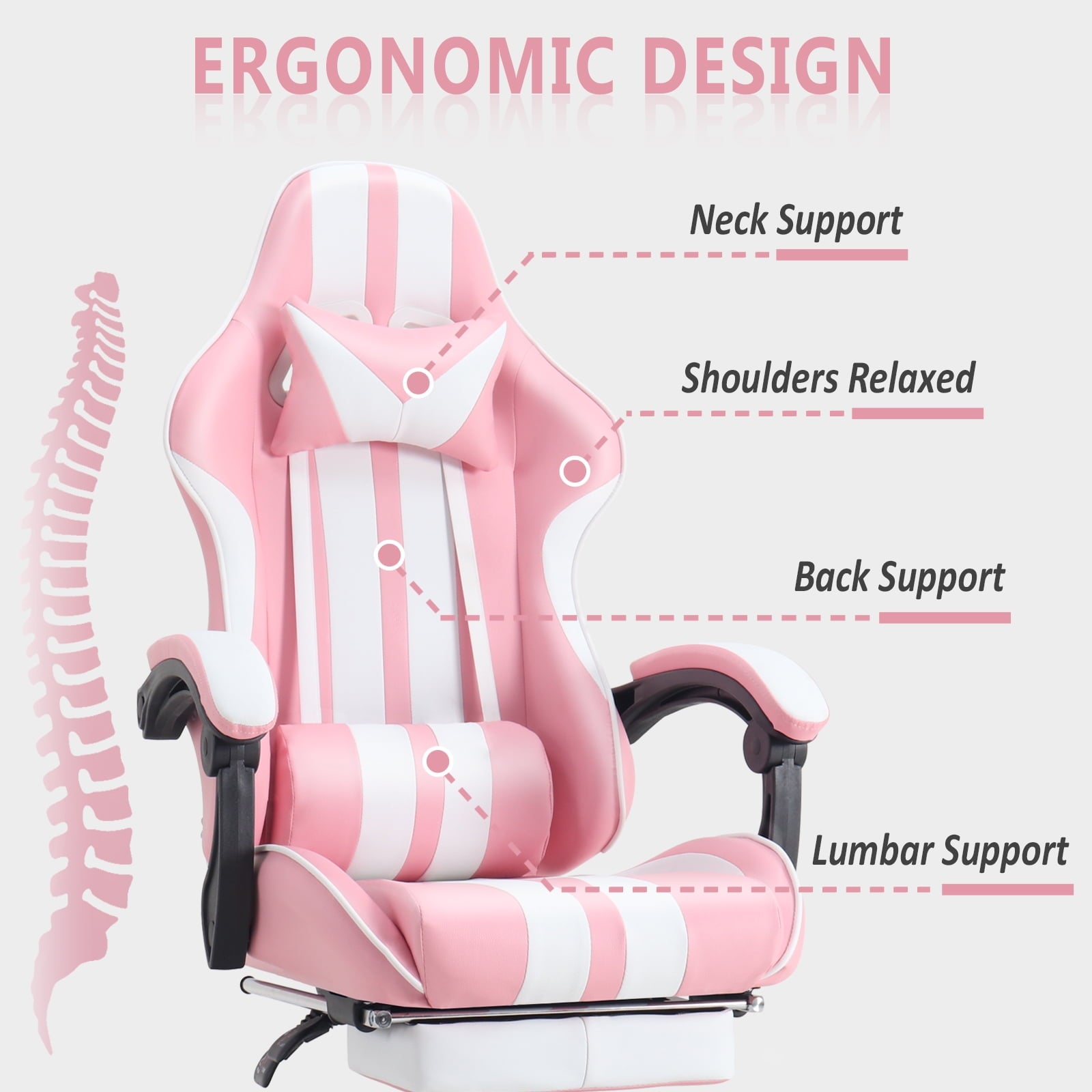 SOONTRANS Gaming Chair Office Chair with Footrest, Ergonomic Massage Chair with Lumbar Pillow, Headrest for Adults Teens, Pink