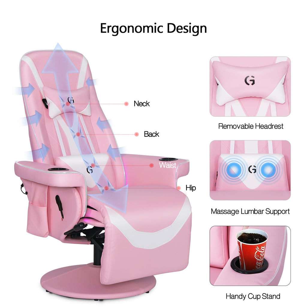 Queen Throne Racing Gaming Chair with Footrest and Adjustable Backrest Ergonomic Recliner High Back Swivel Chair with RGB LED Lights, Massage Lumbar Support, Headrest and Cupholders, Pink White