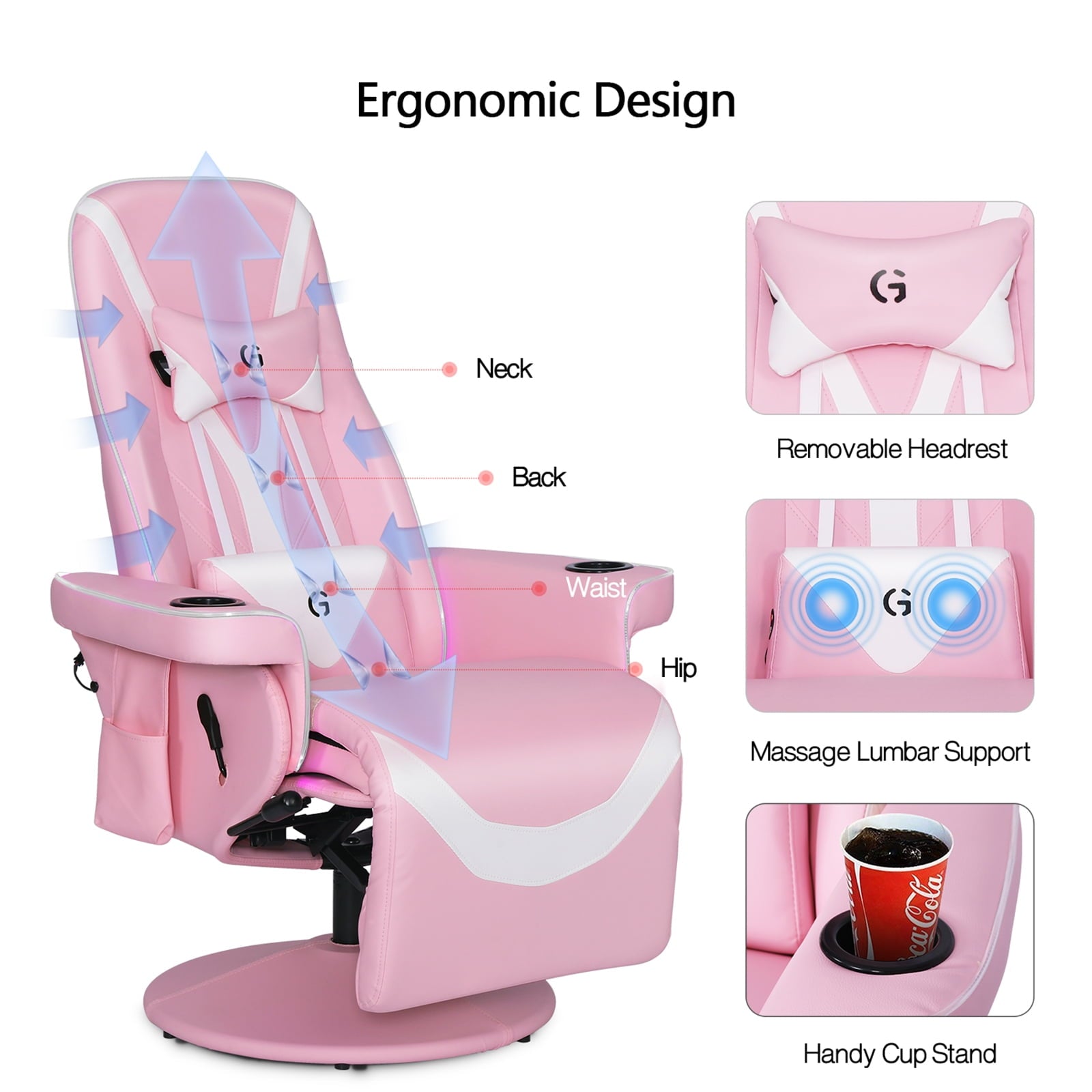 Queen Throne Racing Gaming Chair with Footrest and Adjustable Backrest Ergonomic Recliner High Back Swivel Chair with RGB LED Lights, Massage Lumbar Support, Headrest and Cupholders, Pink White