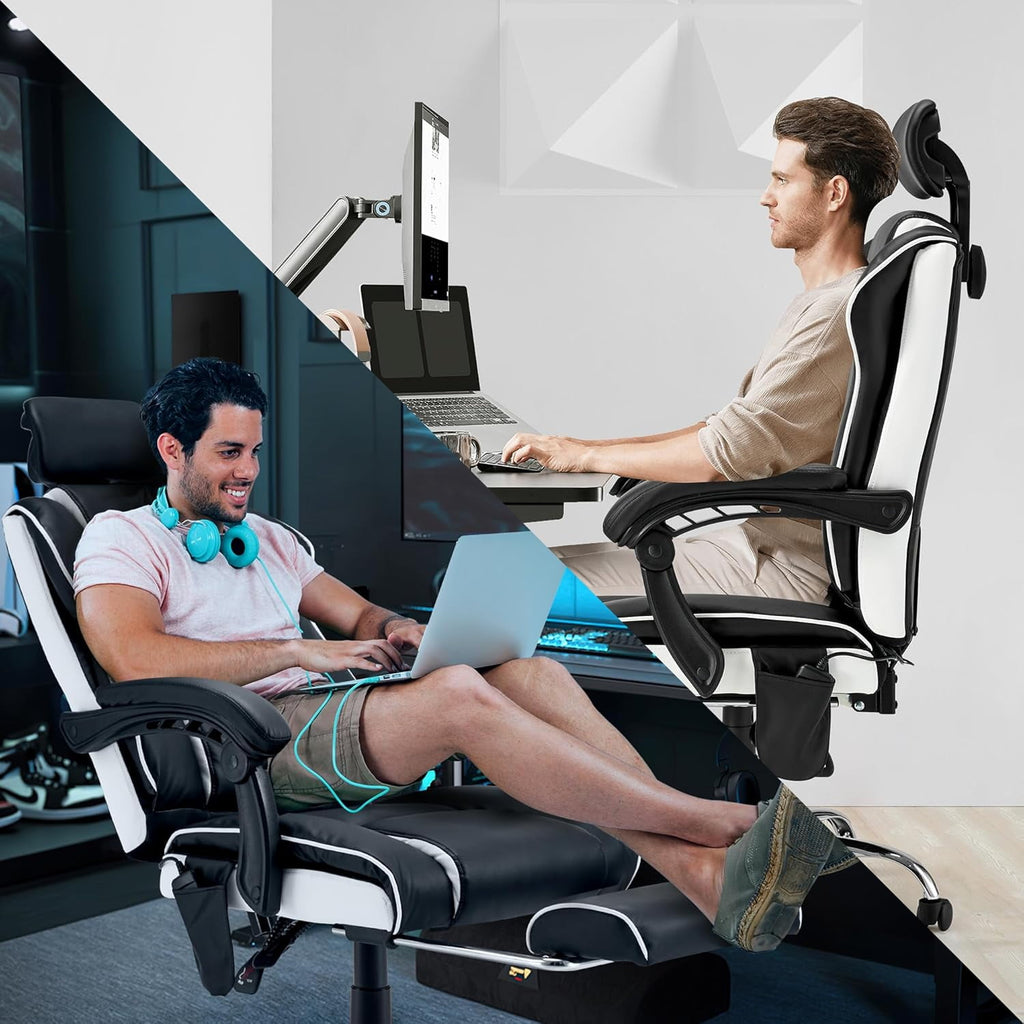 HOMREST 6-Point Massage Office Chair with Footrest, Heated Executive Office Chair with Reclining Backrest, Ergonomic Gaming Chair with Padded Armrest, Black