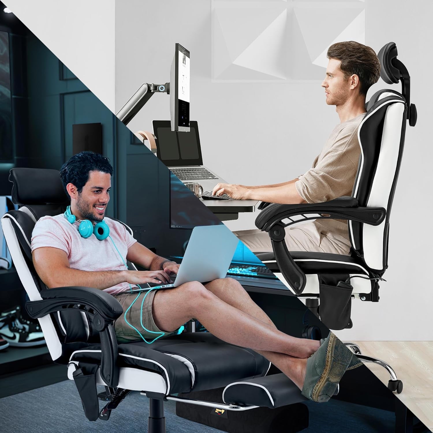 HOMREST 6-Point Massage Office Chair with Footrest, Heated Executive Office Chair with Reclining Backrest, Ergonomic Gaming Chair with Padded Armrest, Black