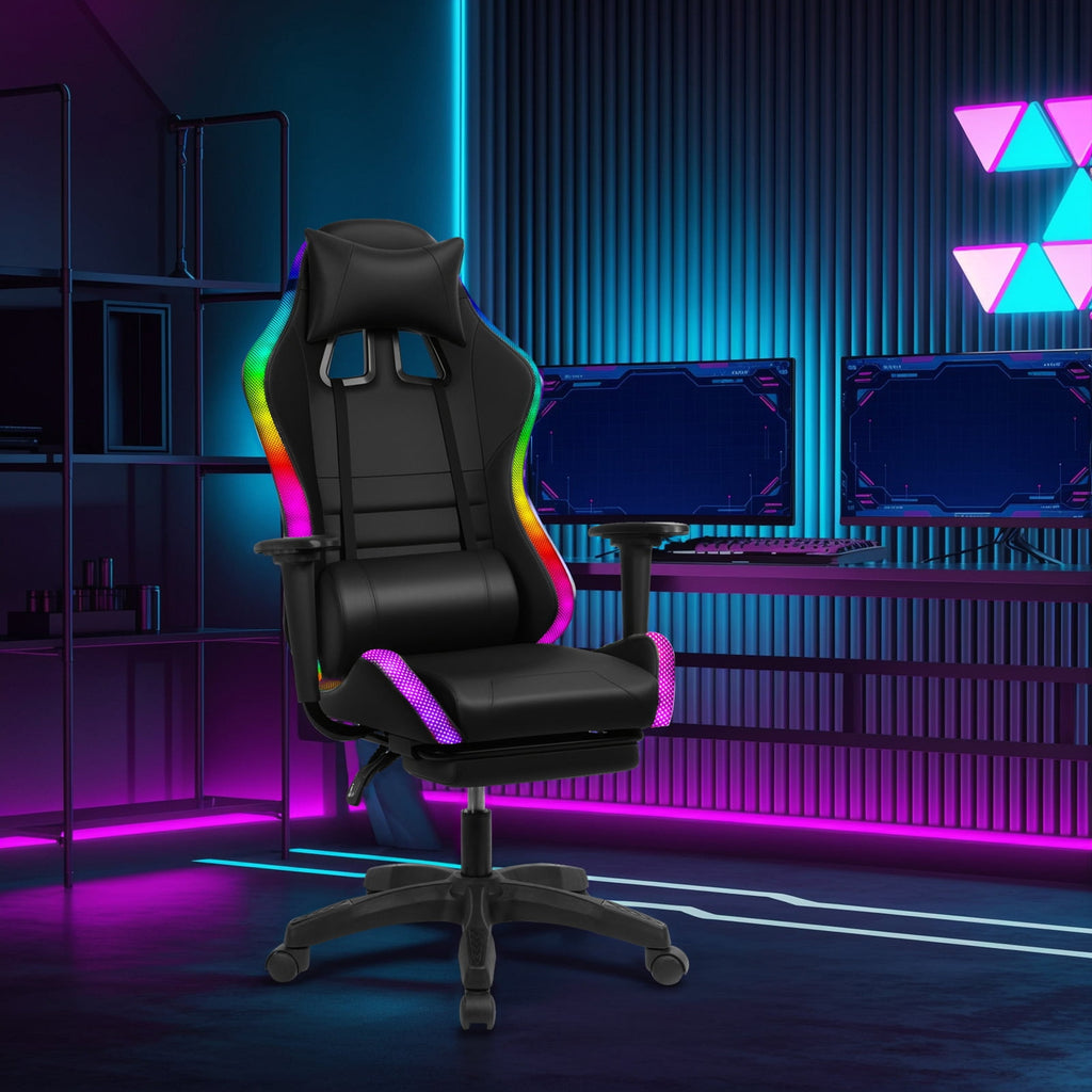 AQRS Gaming Chair with Retractable Footrest, 350lbs Load Capacity Office Executive Chair with Two Bluetooth-compatible Speakers, Multiple RGB LED Light Modes 360 Degree Rotation Game Chair