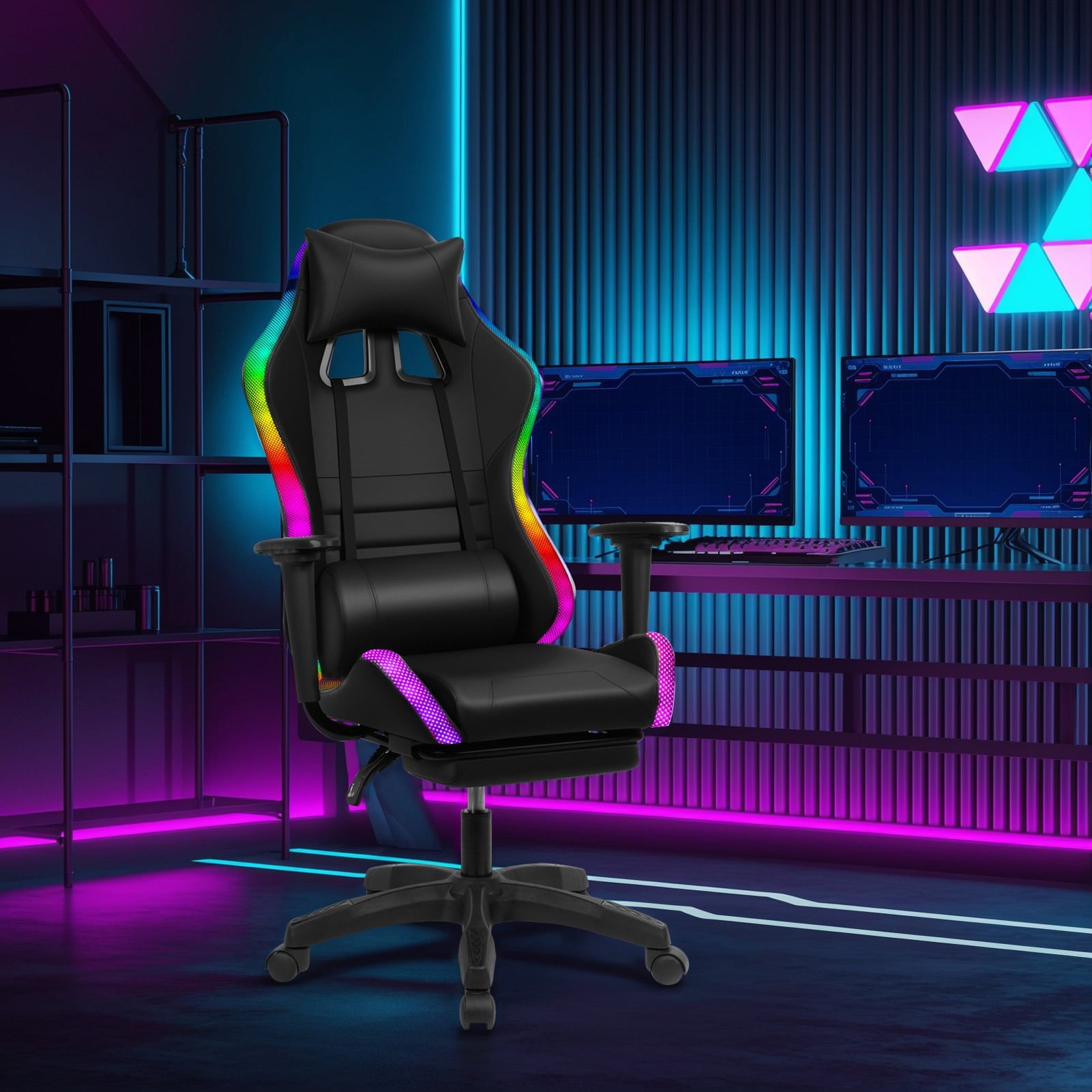 AQRS Gaming Chair with Retractable Footrest, 350lbs Load Capacity Office Executive Chair with Two Bluetooth-compatible Speakers, Multiple RGB LED Light Modes 360 Degree Rotation Game Chair