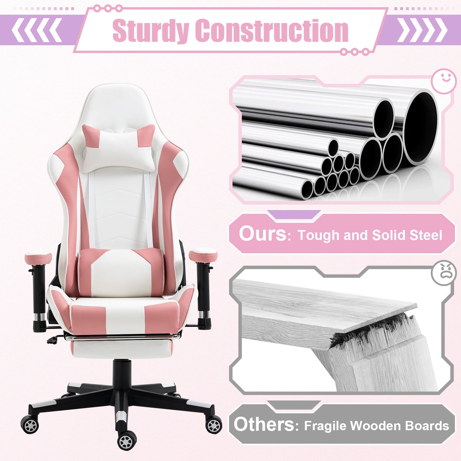 AVAWING Adult Gaming Chair, Ergonomic Leather Gaming Chair with Footrest, Lumbar Support and Headrest, Pink-White