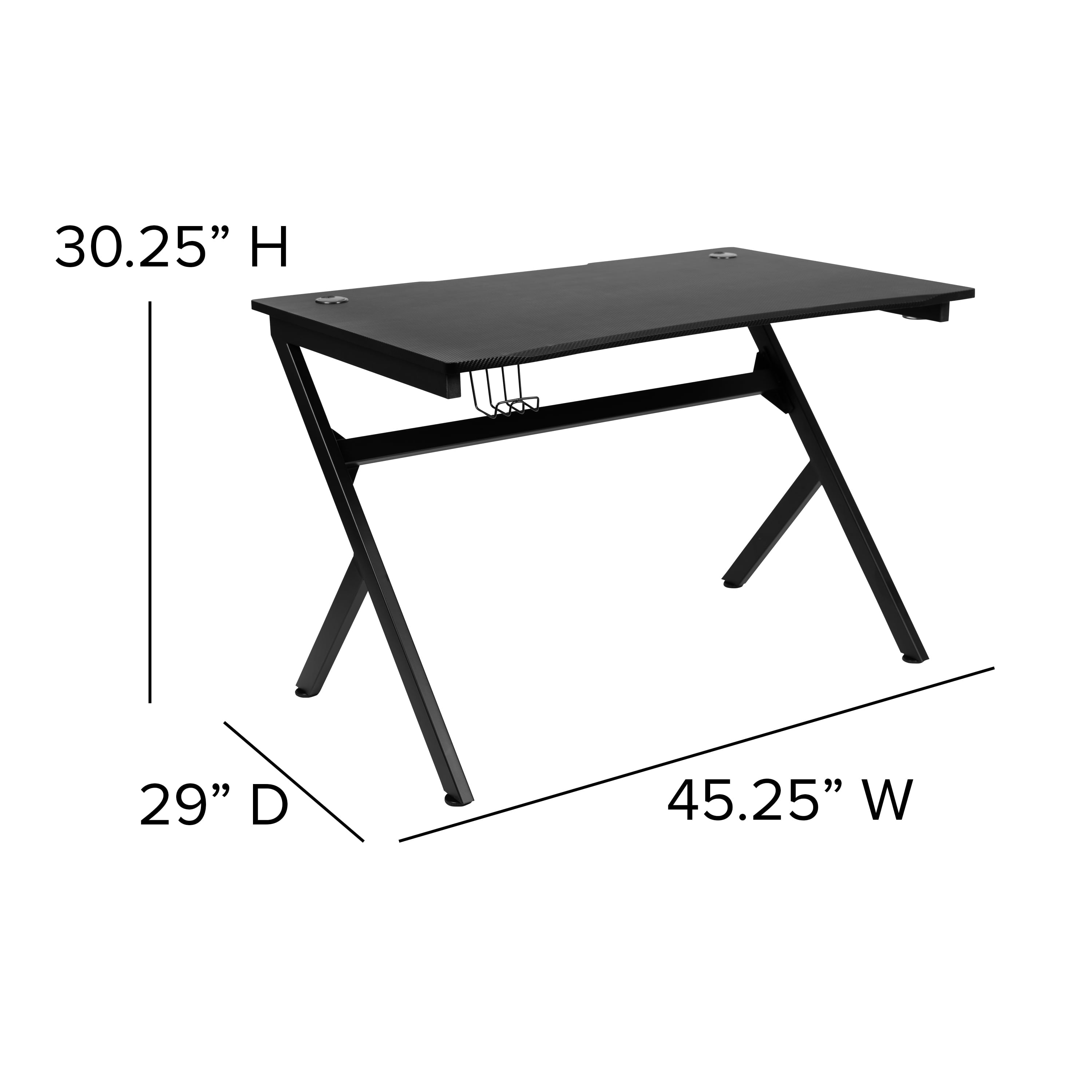 Emma + Oliver Black/Black Gaming Desk Set - Cup/Headset Holder/Reclining & Footrest