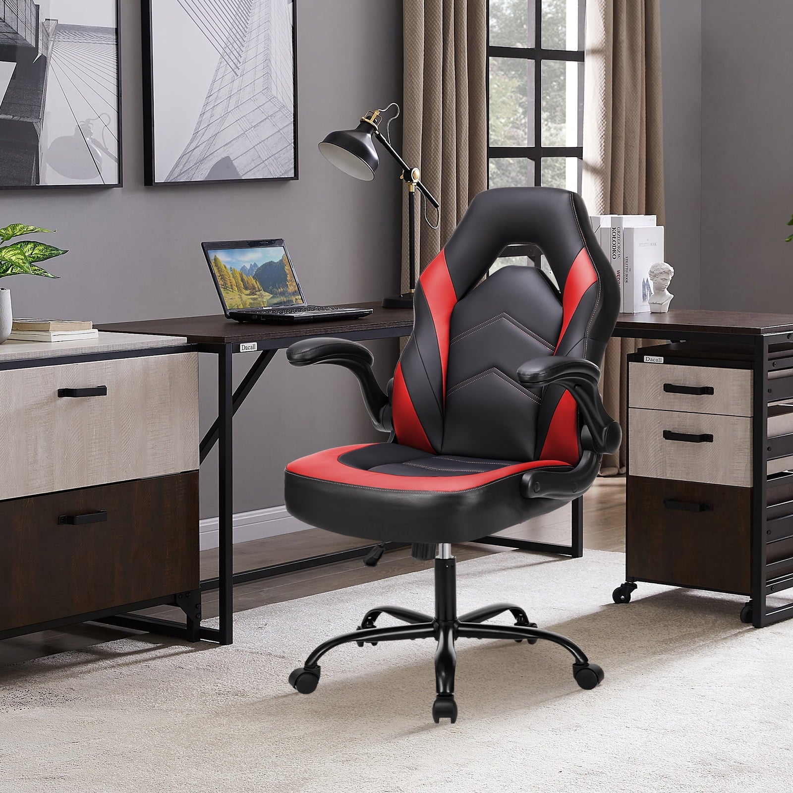 JOINSUN Gaming Chair PU Leather Office Chair Flip-up Soft Armrest Desk Chair Height Adjustable Computer Chair with Lumbar Support Swivel Chair, Black and Red