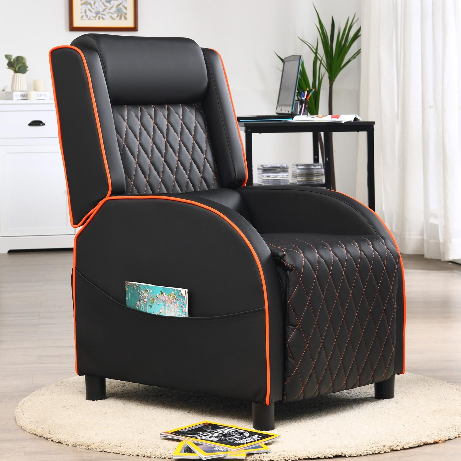 Giantex Massage Gaming Recliner Chair, PU Ergonomic Single Sofa w/Headrest, Lumbar Support, Racing Style, Reclining Home Theater Seating, Orange