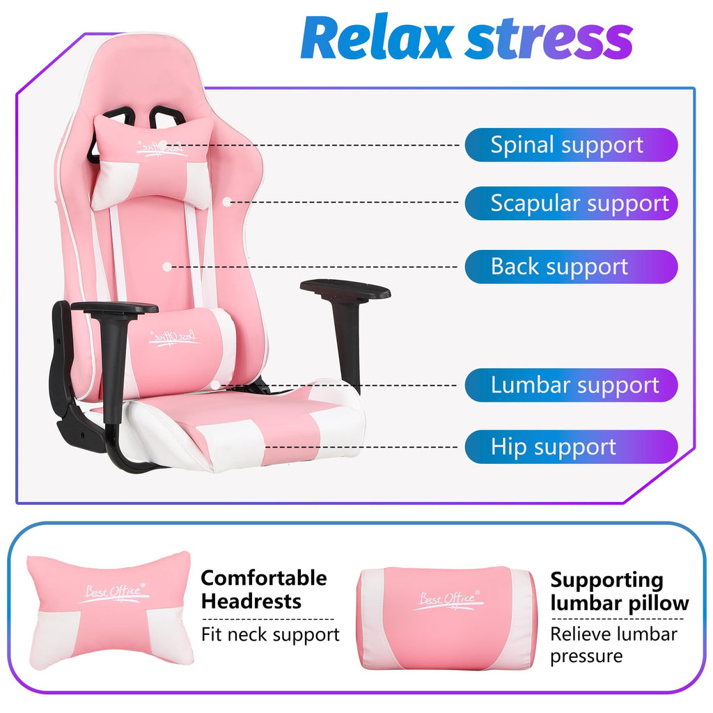 PayLessHere Gaming Chair - Ergonomic w/Lumbar Support & Headrest，Rolling Swivel for PC Gamer (Pink)