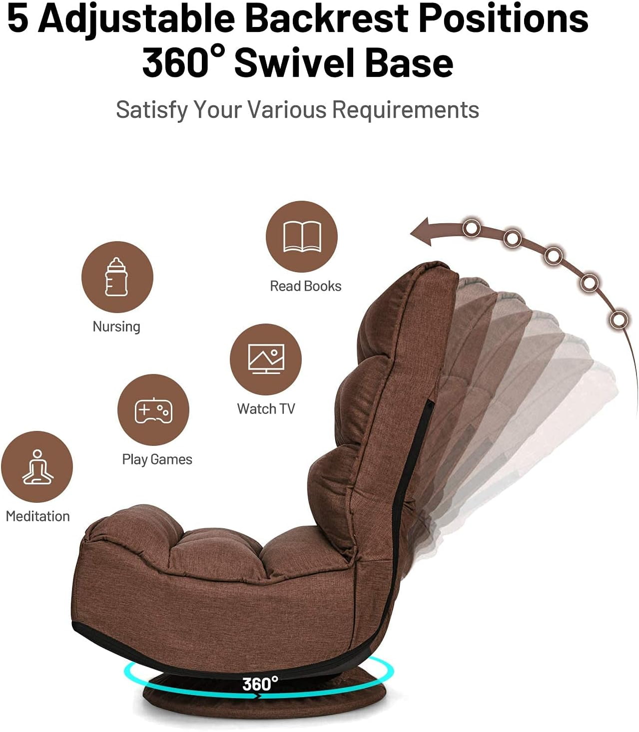 Killeryuki 360 Degree Swivel Gaming Chair, 6 Position Adjustable Folding Floor Chair, 300lb Spring Support, Comfortable Padded Backrest, Lazy Sofa Chair Game Rocker for Teens Adults (Coffee)