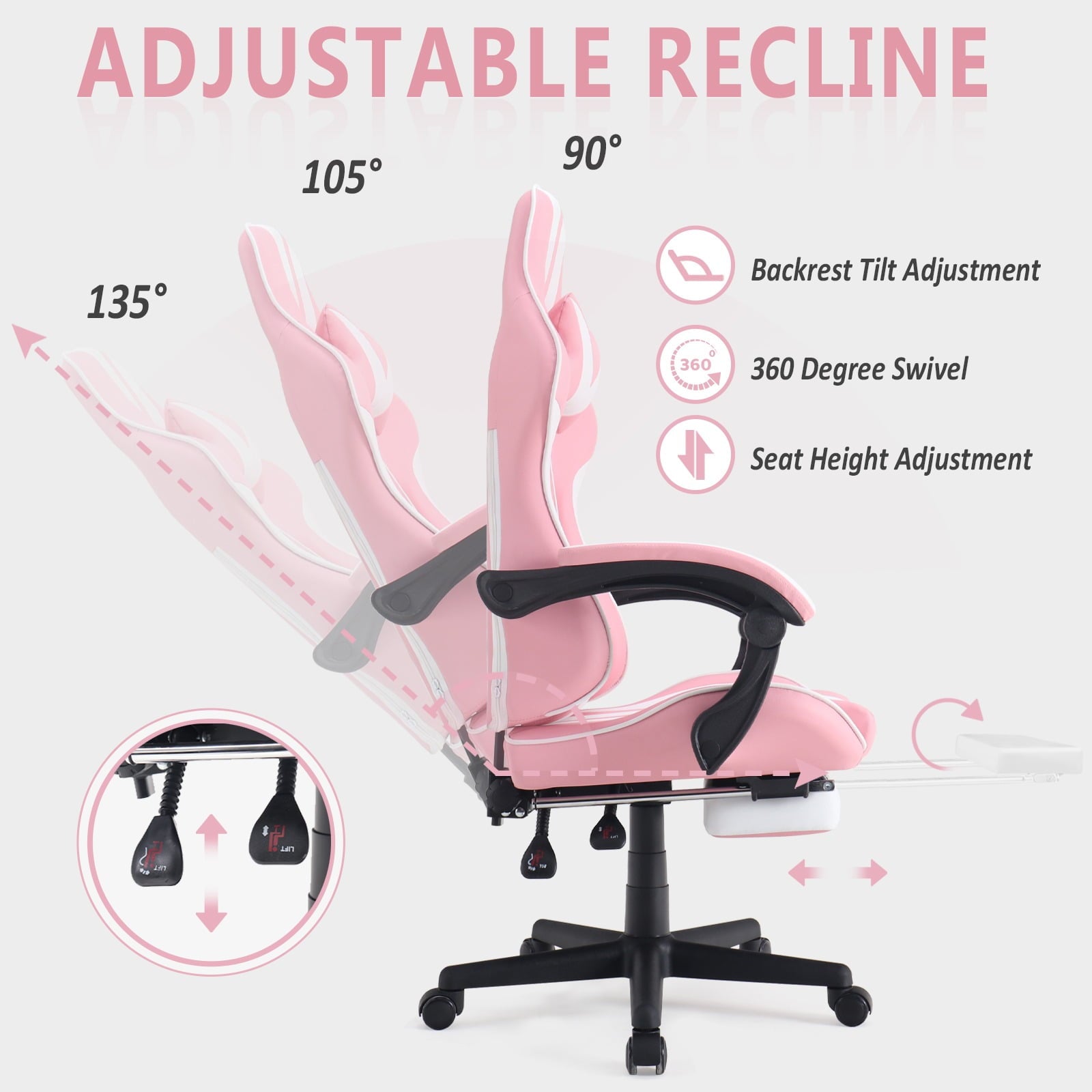 SOONTRANS Gaming Chair Office Chair with Footrest, Ergonomic Massage Chair with Lumbar Pillow, Headrest for Adults Teens, Pink