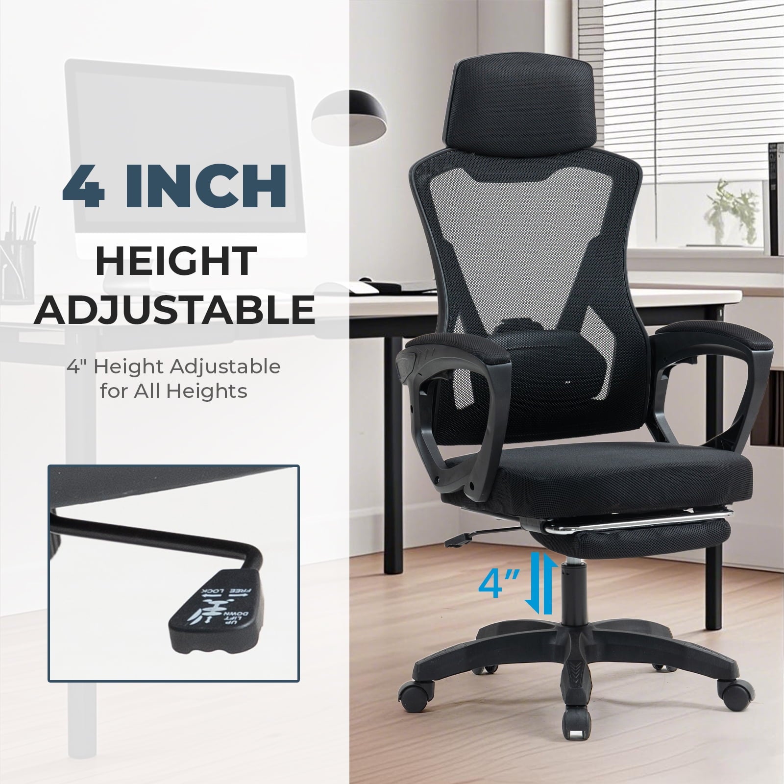 Alvantor High Back Ergonomic Office Chair, Adjustable Lumbar Support & Headrest, Black