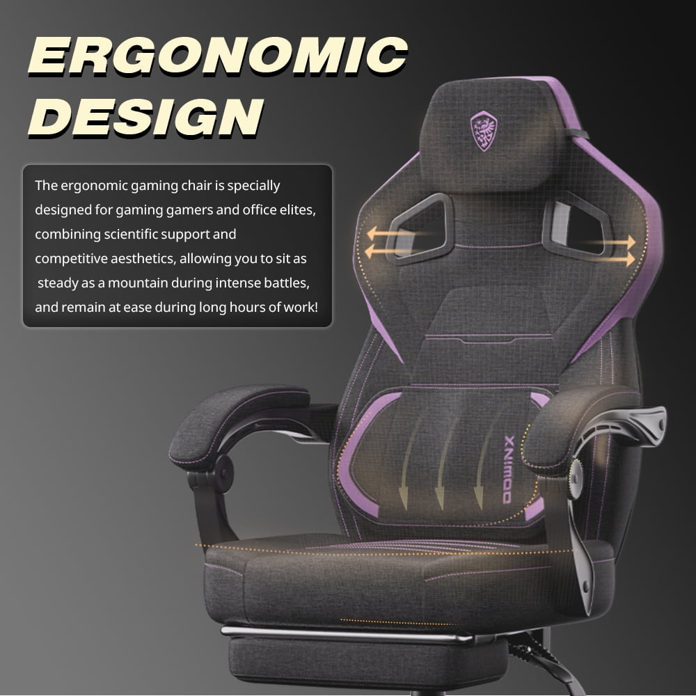 Dowinx Ergonomic Fabric Gaming Chair with Adjustable Footrest & Lumbar Massage - High-Back Computer Office Chair for Adults, 300 lb Weight Capacity (Purple)