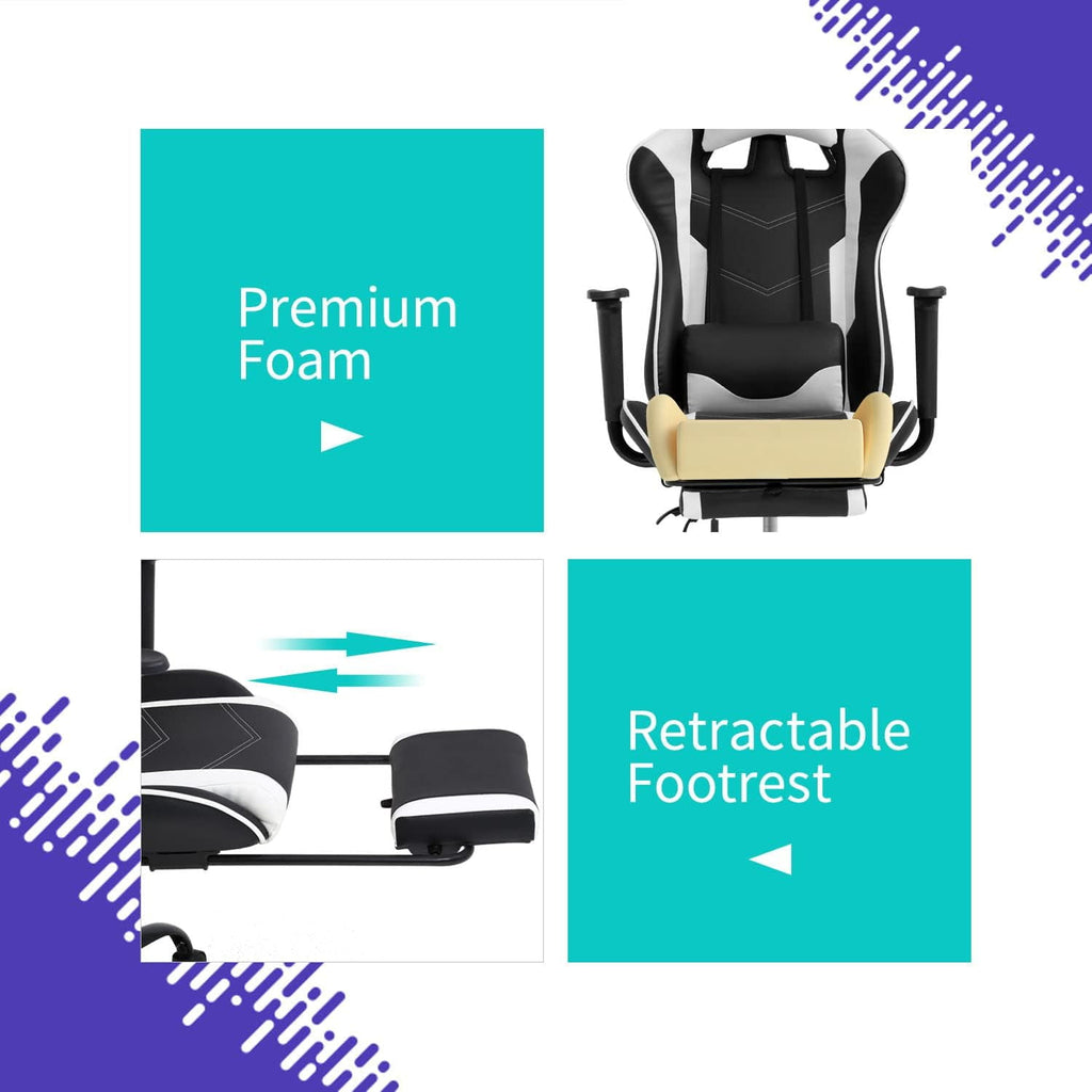 FDW White Gaming Chair - Ergonomic High Back w/Footrest & Lumbar Support， Racing Style Office Chair