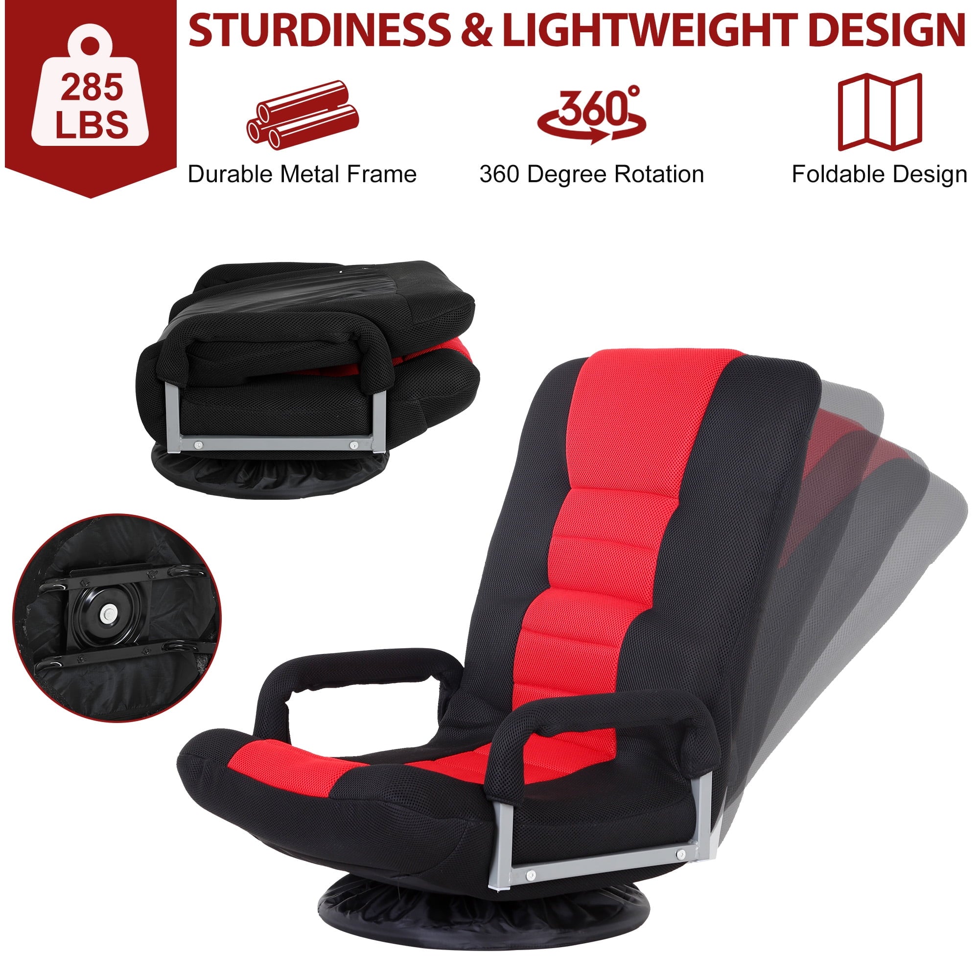YRLLENSDAN 310 lbs Folding Swivel Gaming Floor Chair Video Game, 5 Positions Gaming Chairs for Adults Recliner Without Wheels Adjustable Backrest Rocker Floor Gamer Chair with Armrest Handles
