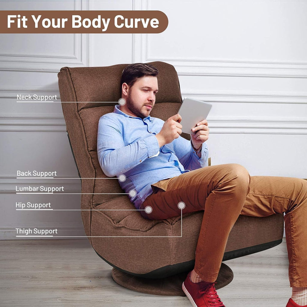Killeryuki 360 Degree Swivel Gaming Chair, 6 Position Adjustable Folding Floor Chair, 300lb Spring Support, Comfortable Padded Backrest, Lazy Sofa Chair Game Rocker for Teens Adults (Coffee)